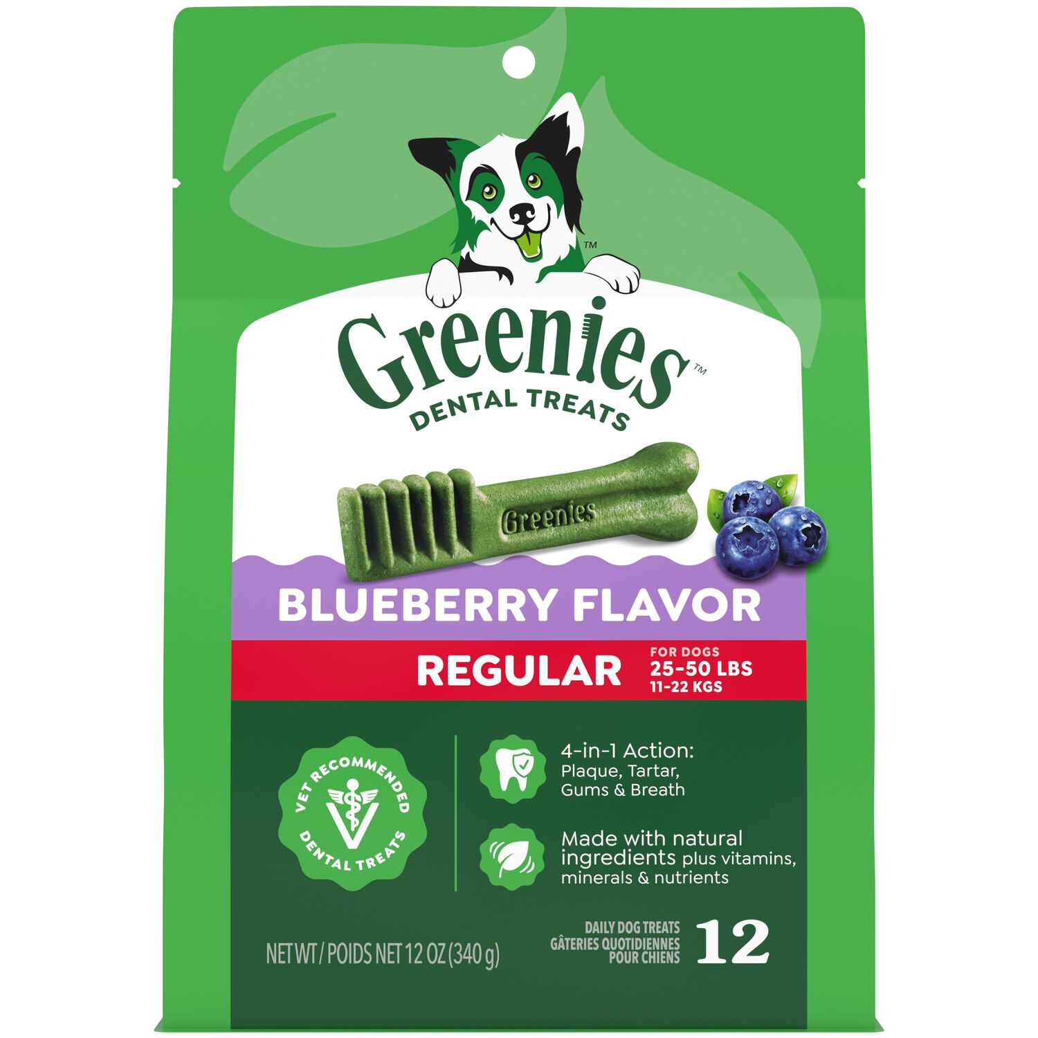 Greenies Regular Natural Blueberry Flavor Dental Dog Treats, 12 Count