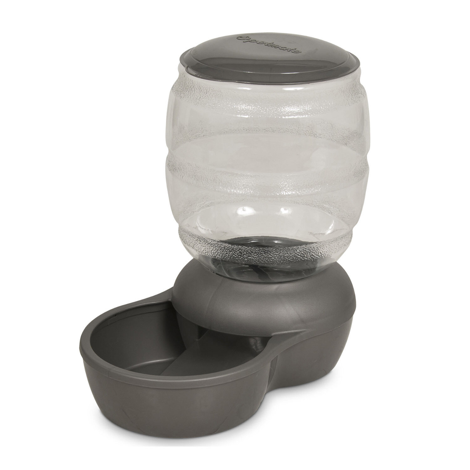 Petmate Replendish Feeder - Gray | 2 lb The Petmate Replendish Feeder with Microban simplifies life by providing a continuous flow of top load food so busy pet parents have fewer refills to make. This gravity-controlled feeder automatically lets food drop into the bowl to keep your dog or cat fed. Ideal for short stays away from home or multiple pet households. Made with PET plastic making it safe for your pet. The base features Microban Antimicrobial Protection that helps prevent the growth of stain and odor-causing bacteria. This protection provides an additional level of defense against damaging microbes. Easy to clean wide mouth bottle, base is dishwasher safe. | Petmate Replendish Feeder - Gray | 2 lb