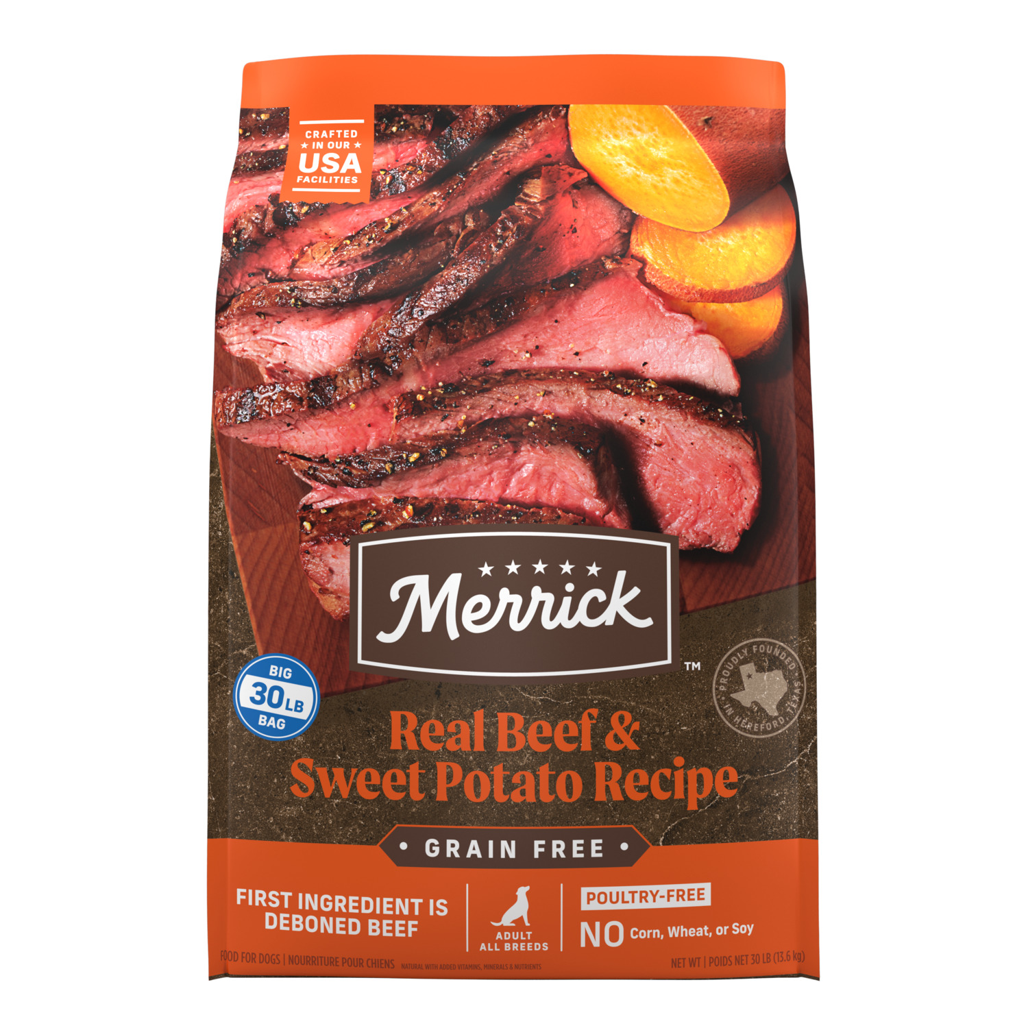 Merrick Premium Grain Free Dry Adult Dog Food, Wholesome And Natural Kibble, Real Beef And Sweet Potato, 30-Lb Bag