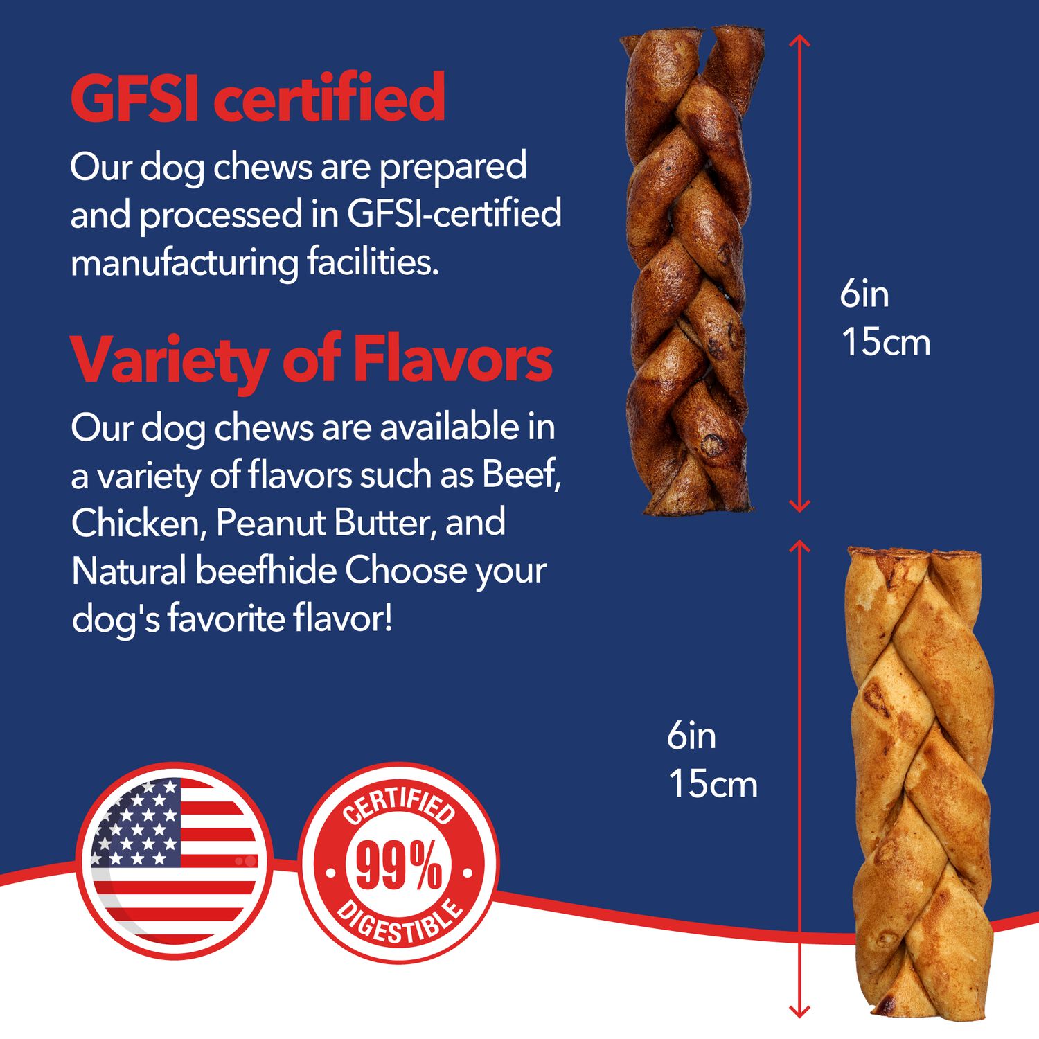 Pet Factory American Beefhide Braided Sticks Dog Treats, Beef & Chicken Variety Pack, 6" Pack Of 6