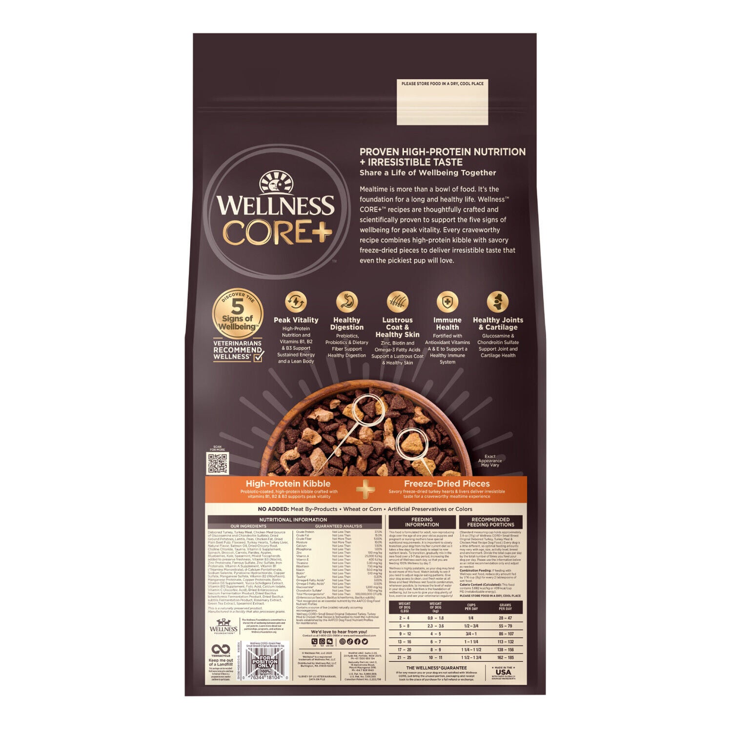 Wellness Core+ Dry Dog Food With Freeze Dried Pieces, Small Breed, Grain Free, High Protein, Natural, Original Turkey & Chicken Recipe, 4-Pound Bag