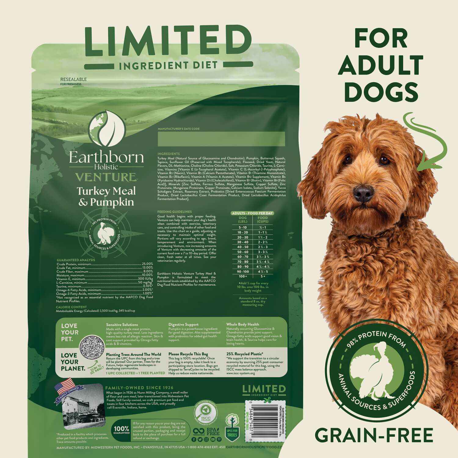 Earthborn Holistic Venture Limited Ingredient Turkey Meal & Pumpkin Grain-Free Dry Dog Food, 25-Lb Bag