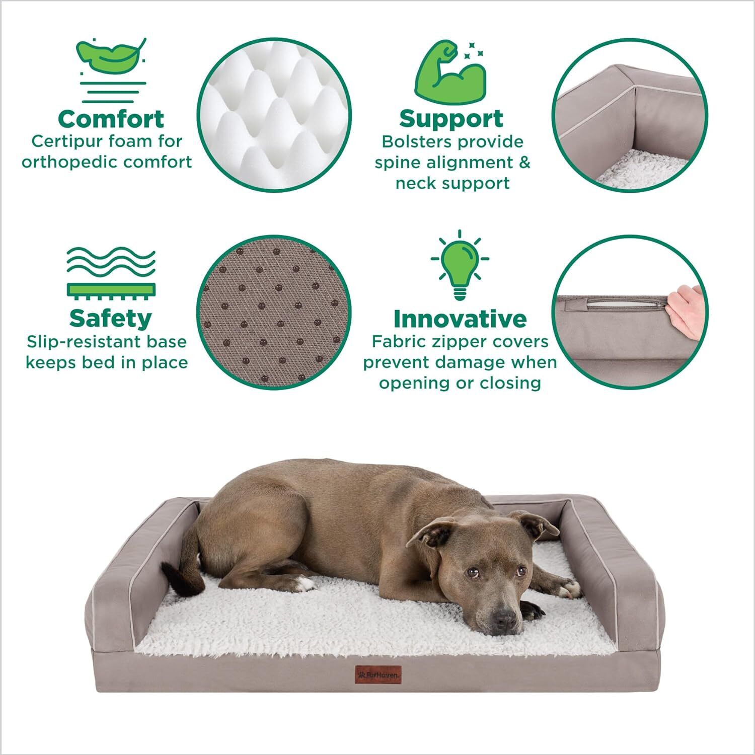 Furhaven Modern Sofa Orthopedic Dog Bed &ndash; Memory Foam Couch With Bolsters, Textured Plush & Water-Resistant Cover, Washable Cover, Joint Support - Greige, Jumbo