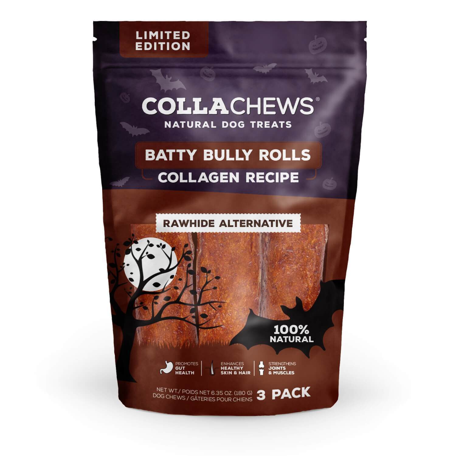 Collachews Batty Bully Rolls Rawhide Alternative Halloween Chews Dog Treats, 6"