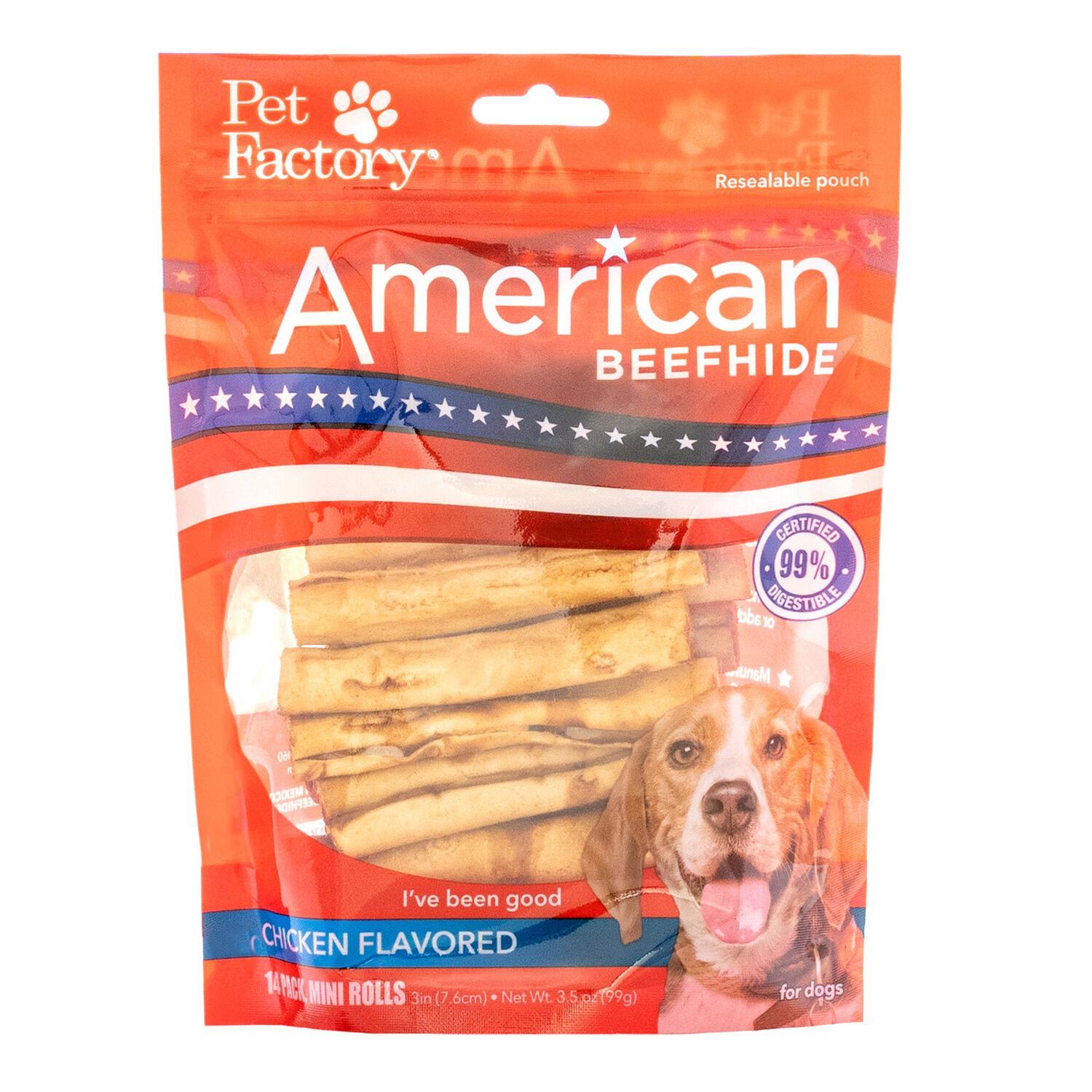 Pet Factory American Beefhide Mini Chicken Rolls Rawhide Dog Treats, 3" - 14 Pack