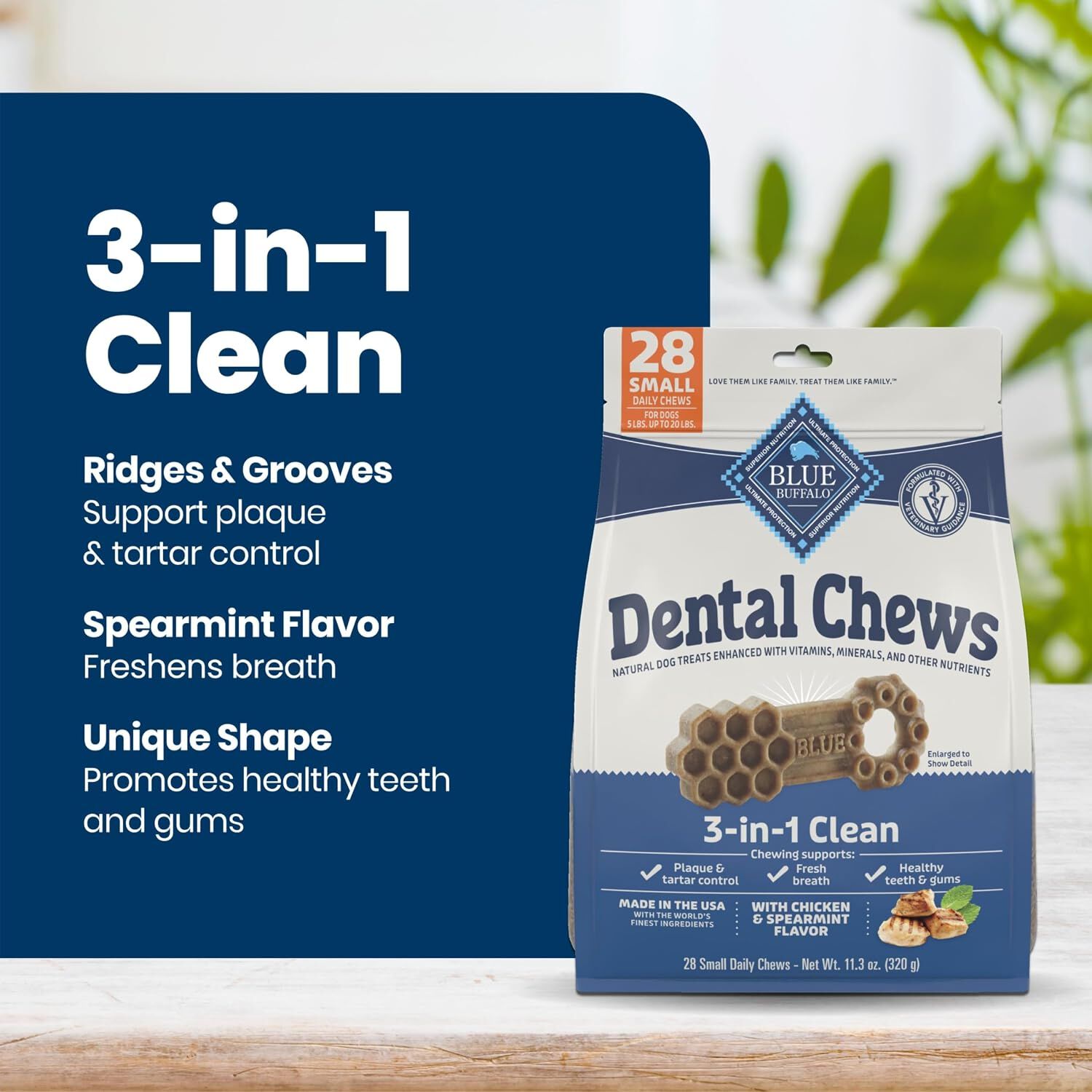 Blue Buffalo 3-In-1 Small Sized Dog Dental Chews, Chicken & Spearmint Flavor, 28-Ct
