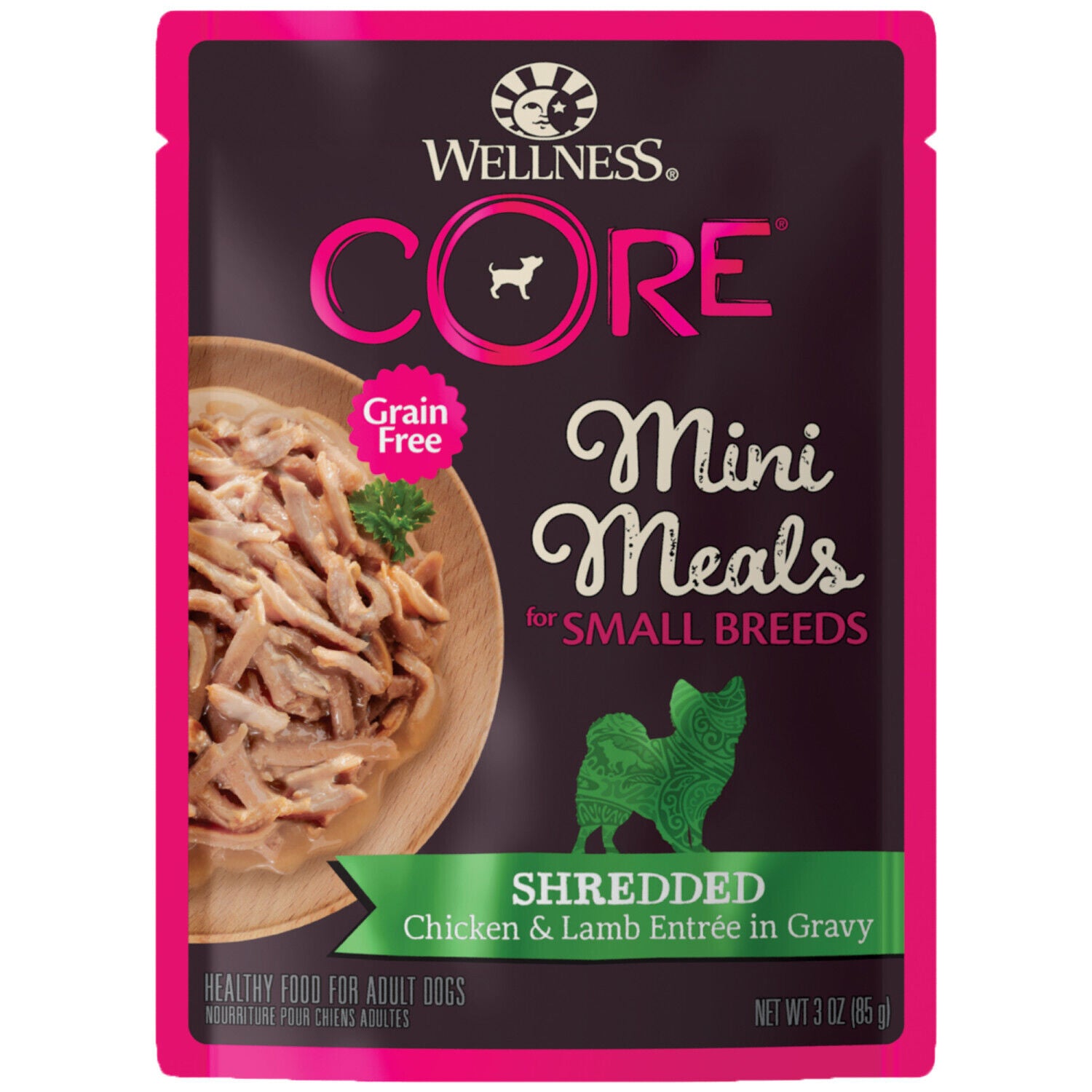 Wellness Core Natural Grain Free Small Breed Mini Meals Wet Dog Food, Shredded Chicken & Lamb Entr&eacute;e In Gravy, 3-Ounce Pouch