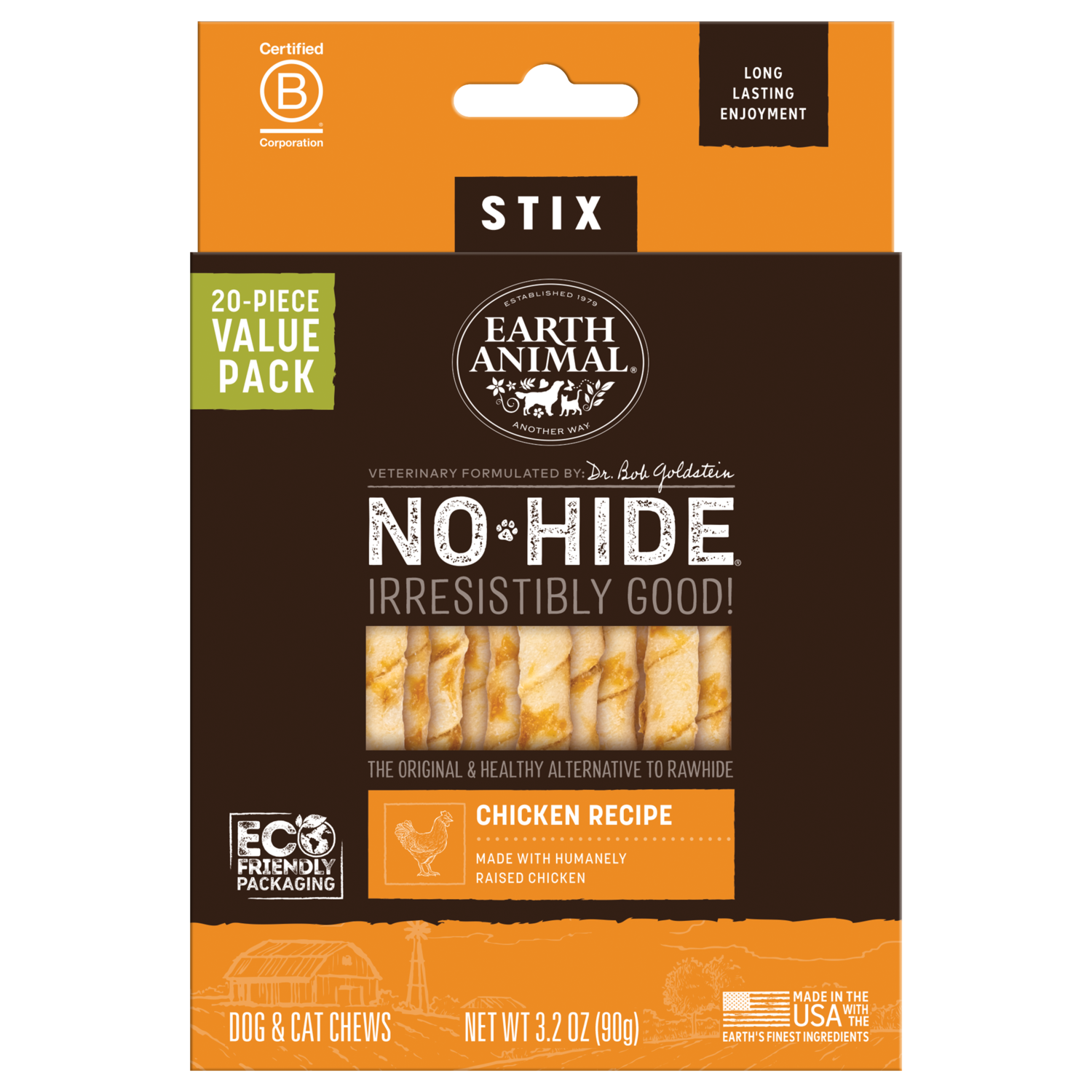 Earth Animal No-Hide Rawhide Alternative Dog & Cat Treat Stix, Cage-Free Chicken, 10-Pack