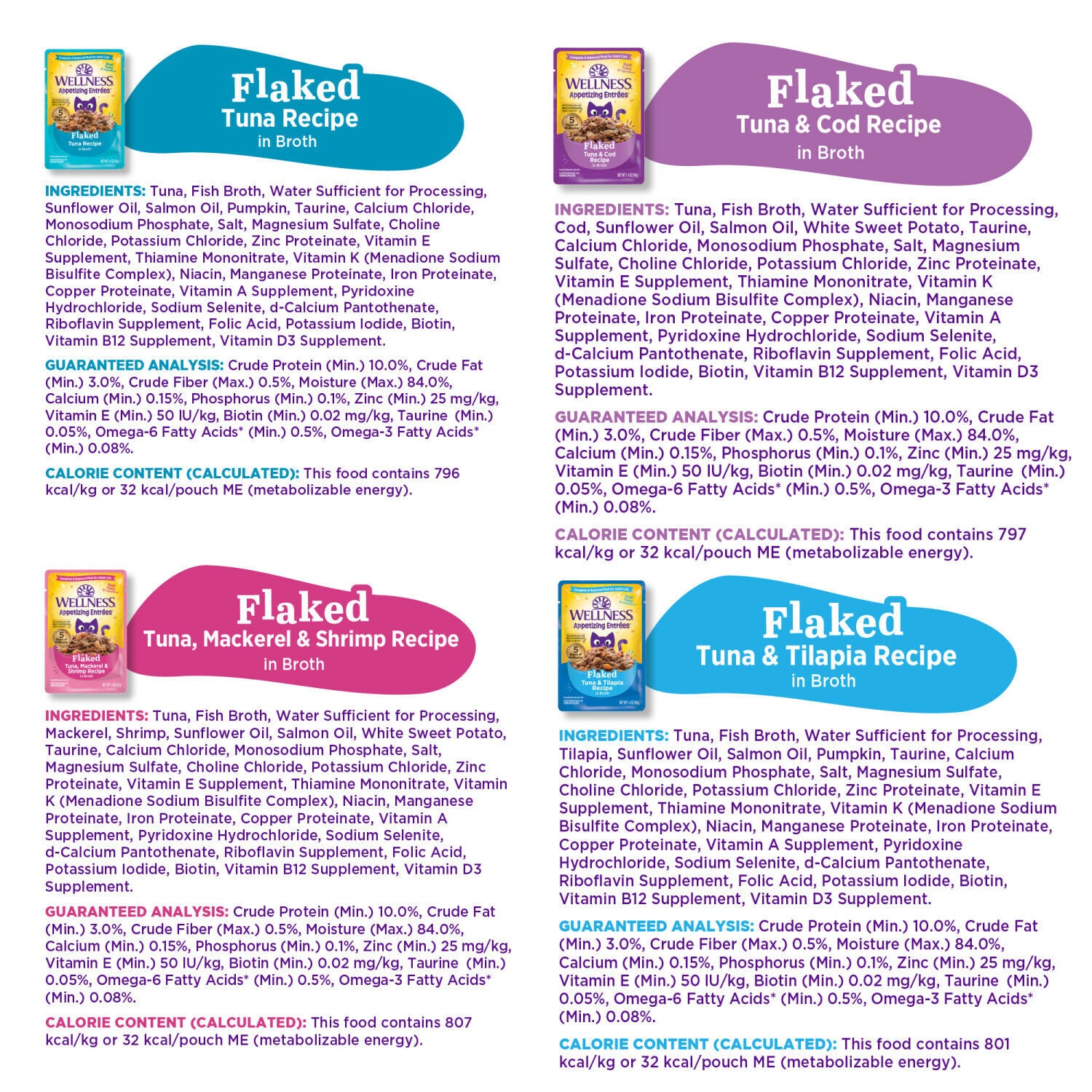 Wellness Appetizing Entrees Flaked Adult Wet Cat Food, Natural, Protein-Rich, Grain-Free, 1.4-Oz Pouch 8-Pack, Seafood Variety Pack