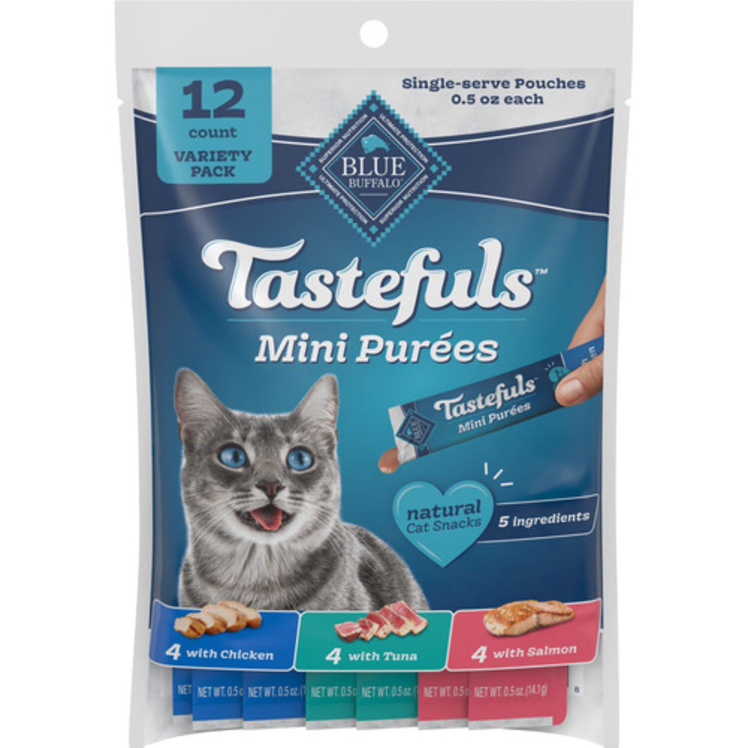 Blue Buffalo Tastefuls Chicken, Tuna & Salmon Mini Pur&eacute;es Variety Pack Cat Treats, 0.5-Oz Tubes, 12-Pack