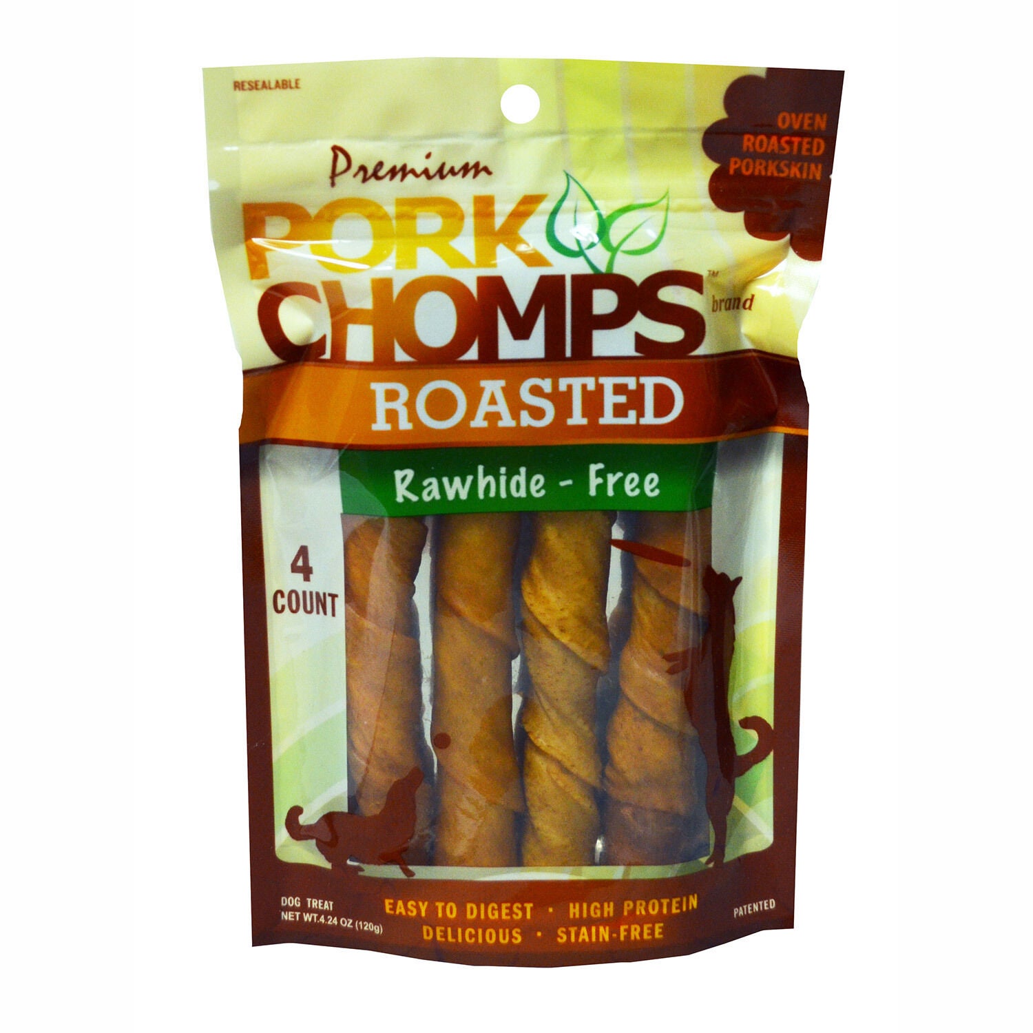Pork Chomps Roasted Twists Dog Treats, Oven Roasted Porkskin, 6" Pack Of 15