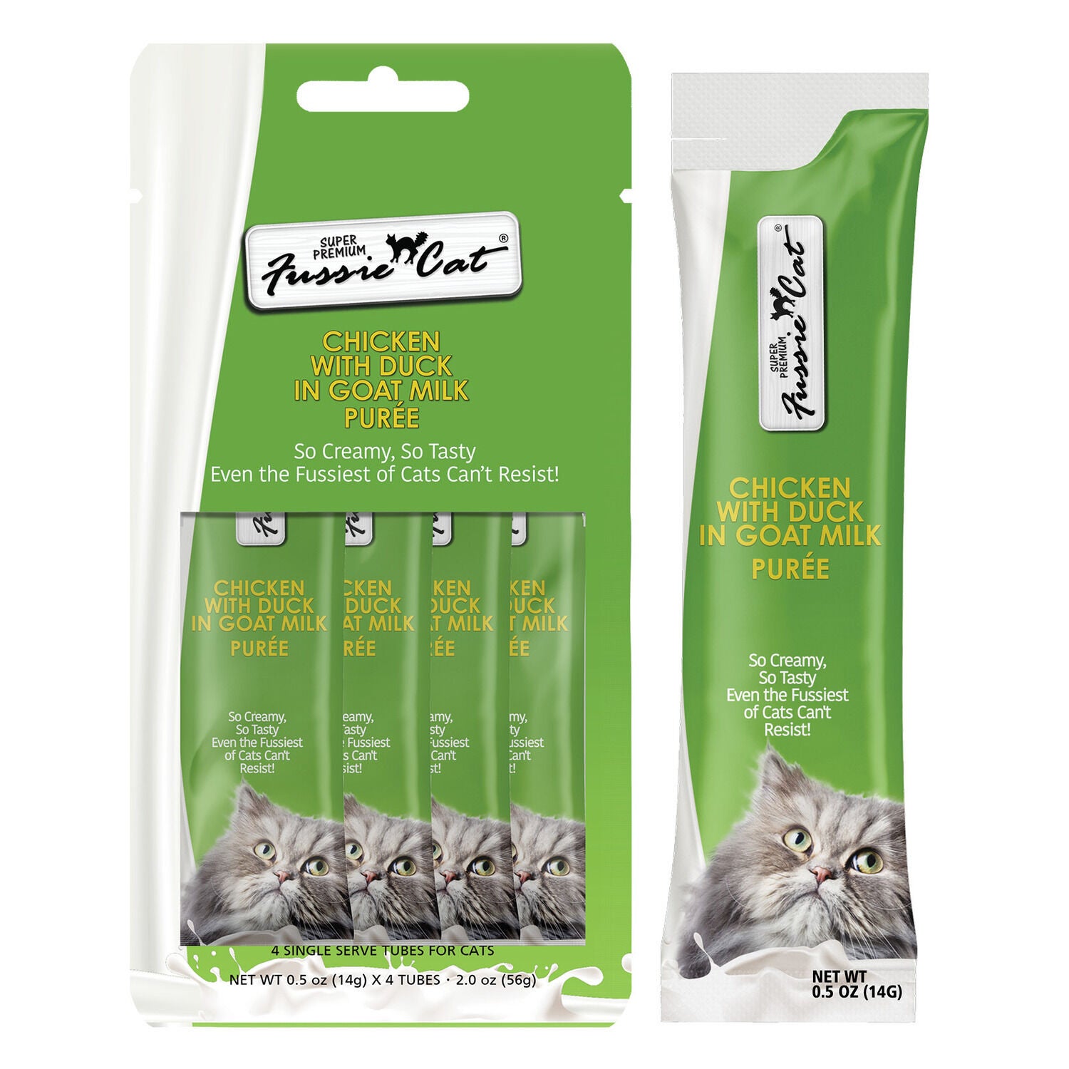 Fussie Cat Super Premium Chicken With Duck In Goat Milk Puree Lickable Cat Treat, 4-2Oz Tubes