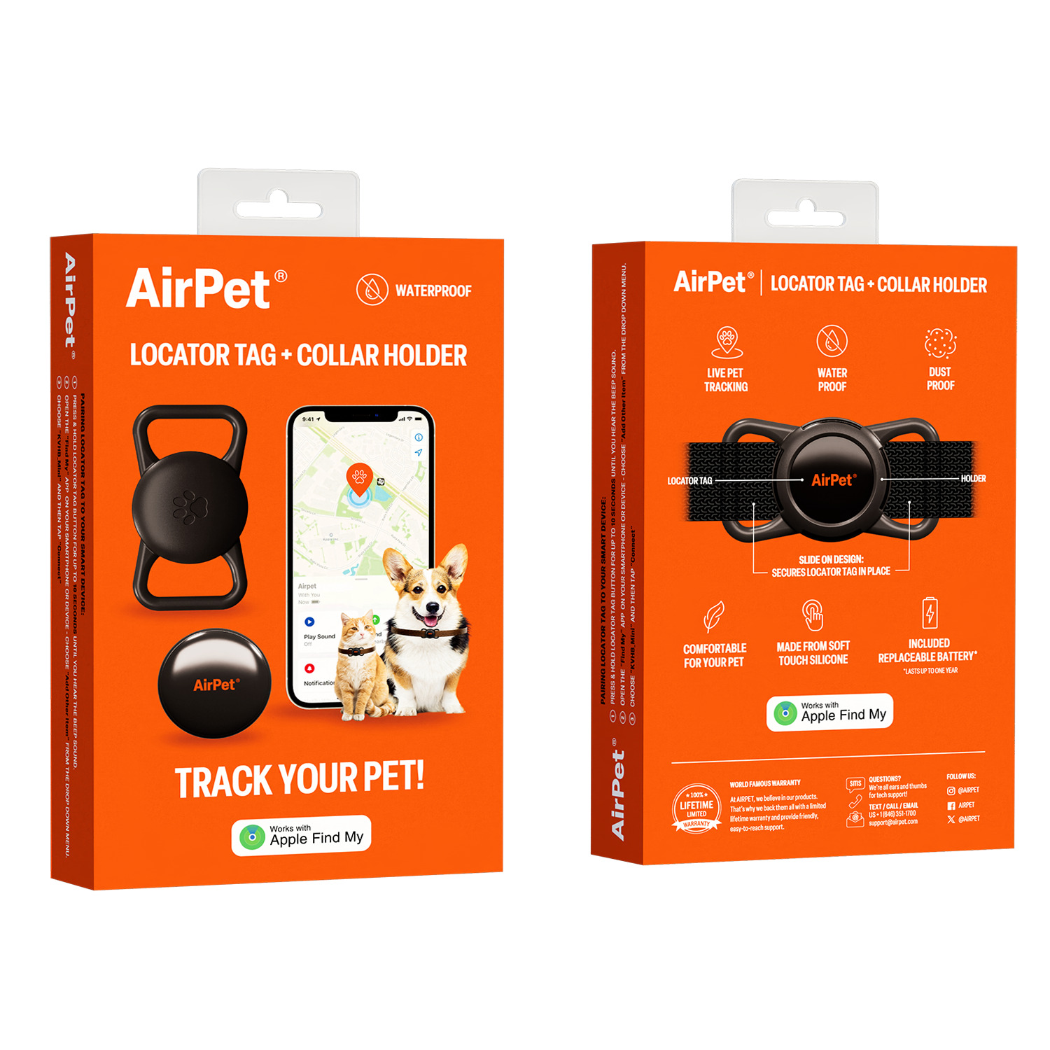 Airpet Pet Location Tag With Collar Holder Bundle For Dogs & Cats, Black