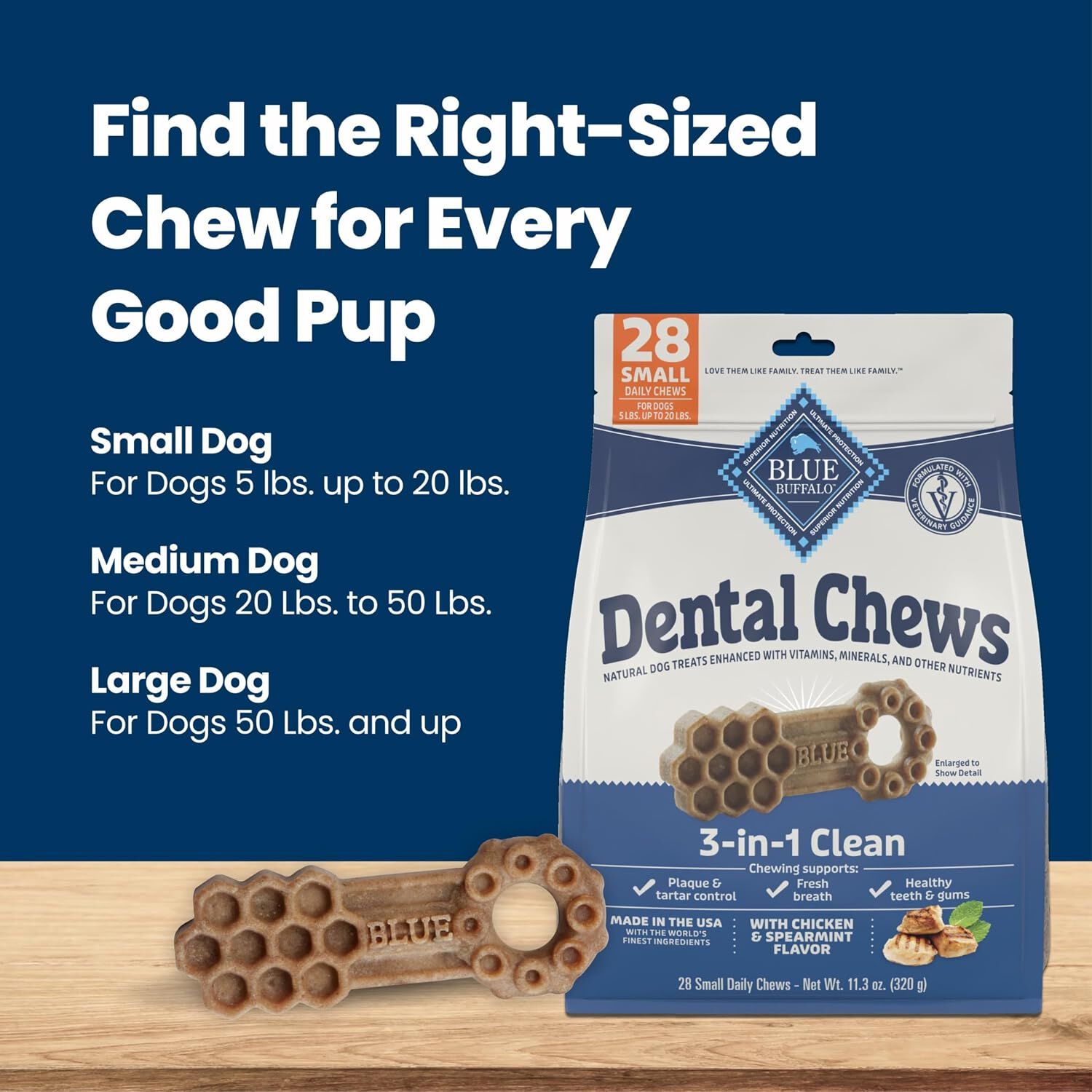 Blue Buffalo 3-In-1 Small Sized Dog Dental Chews, Chicken & Spearmint Flavor, 28-Ct