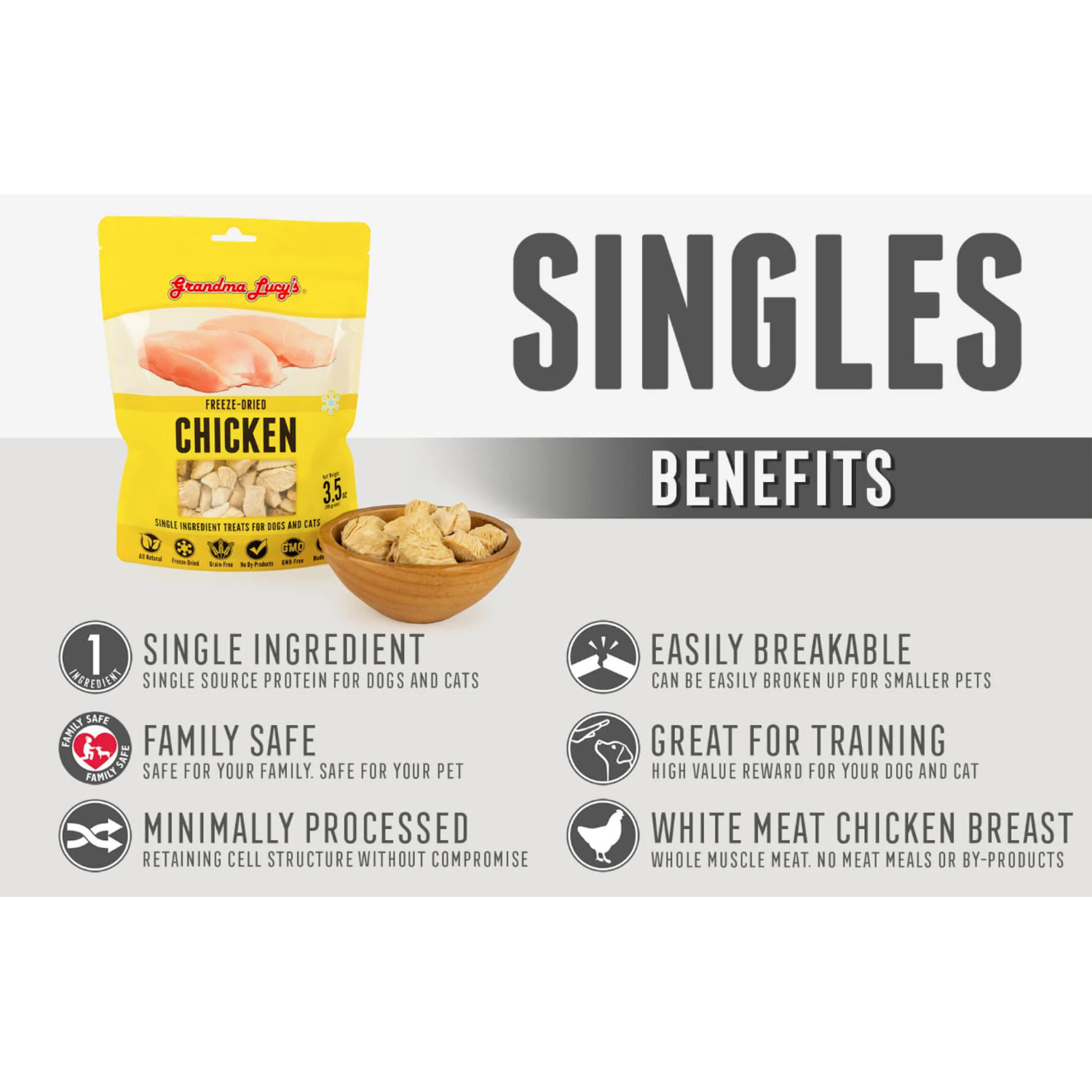 Grandma Lucys Singles Freeze Dried Dog Treats, Chicken - 3.5Oz