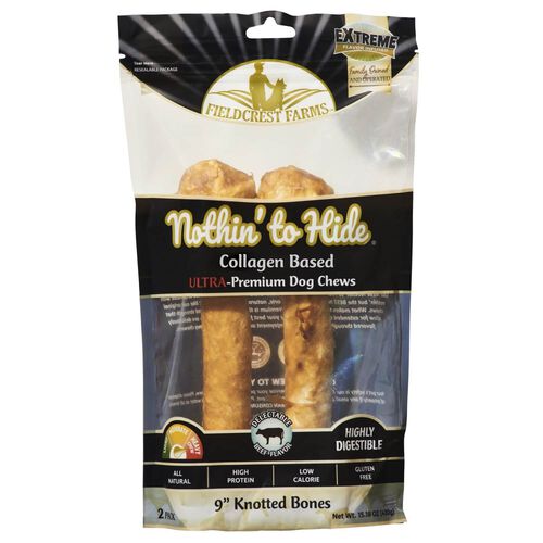 Fieldcrest Farms Nothin' To Hide Collagen Based Ultra Knotted Bone Dog Treats, 9" Beef Flavor Chews, 2 Count