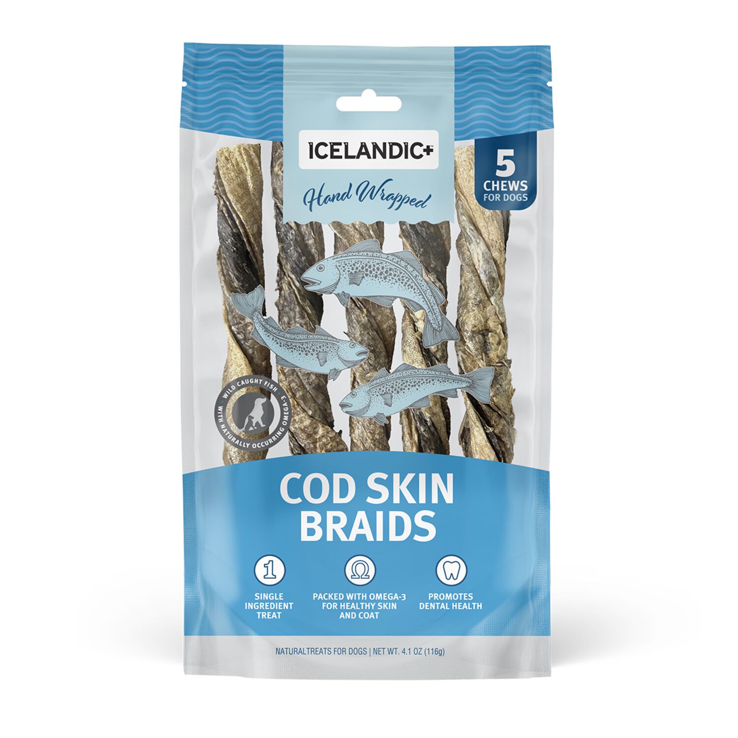 Icelandic+ Hand Wrapped Cod Skin Braids Limited Ingredient Dog Treats, 4.1-Oz, 5-Pack