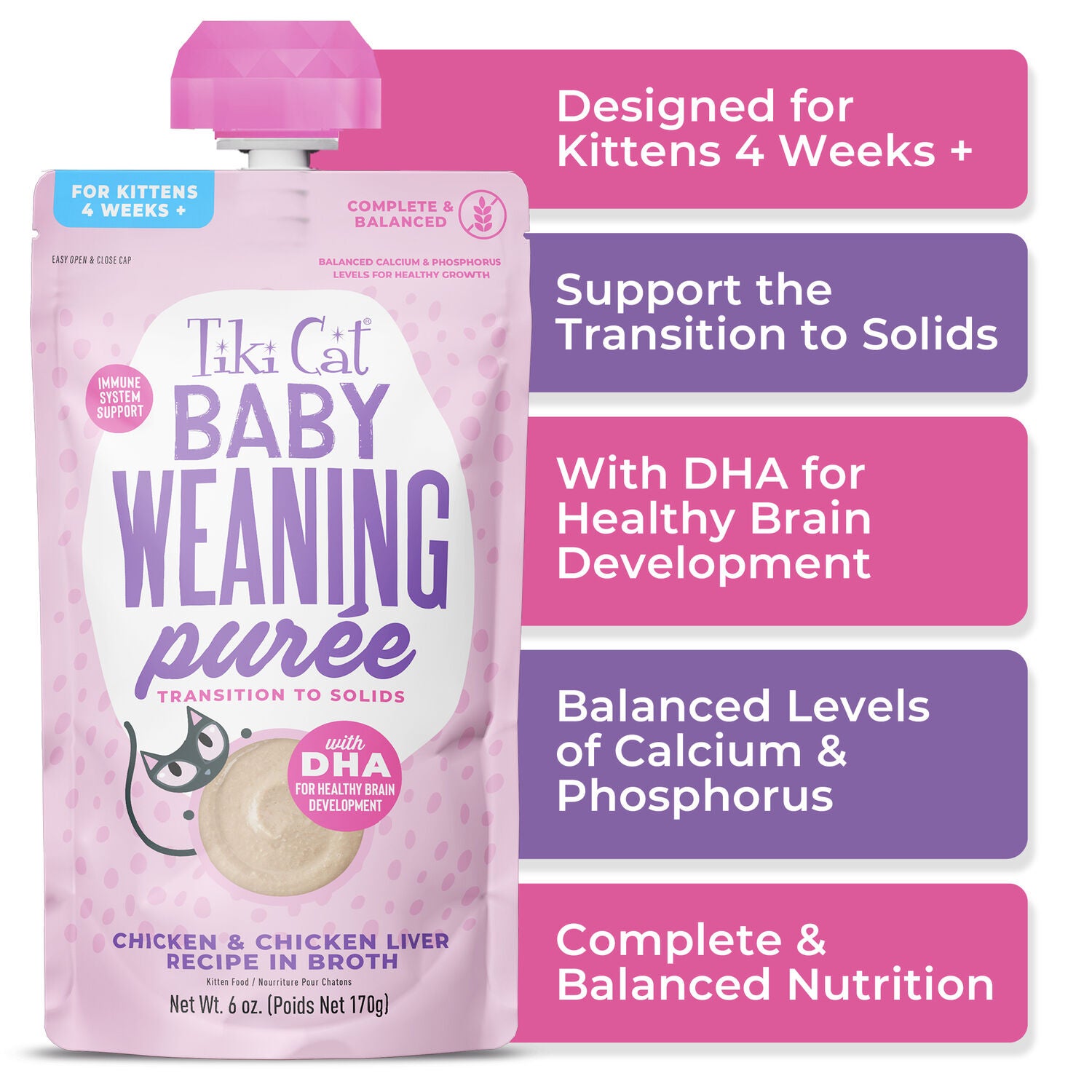 Tiki Cat Baby Weaning Puree Wet Cat Food, Chicken, 6-Oz Spout Pouch