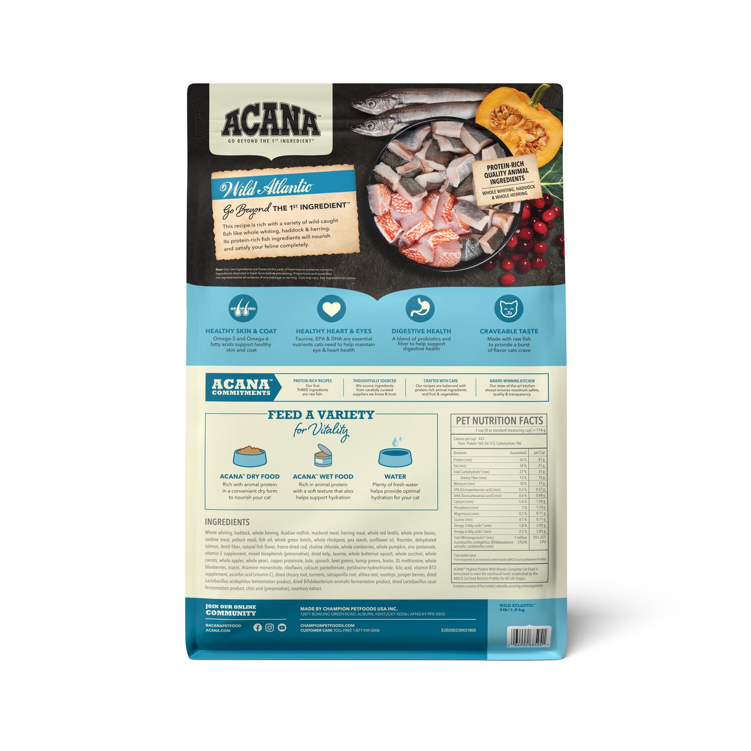 Acana Grain-Free Dry Cat Food, Wild Atlantic, Saltwater Fish With Freeze-Dried Liver, 4-Lb