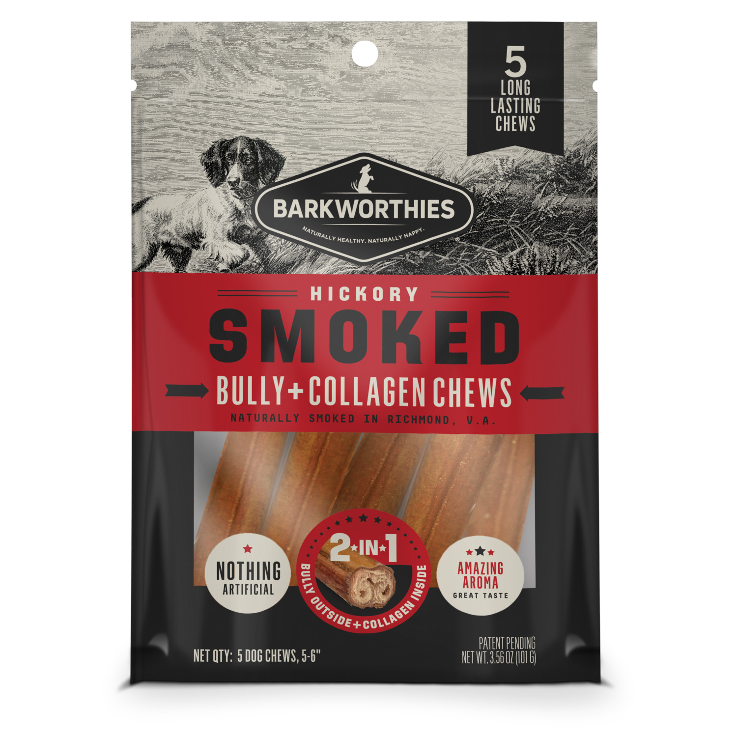 Barkworthies Smoked Bully Collagen Natural Dog Treat,  5-6", 5-Pack