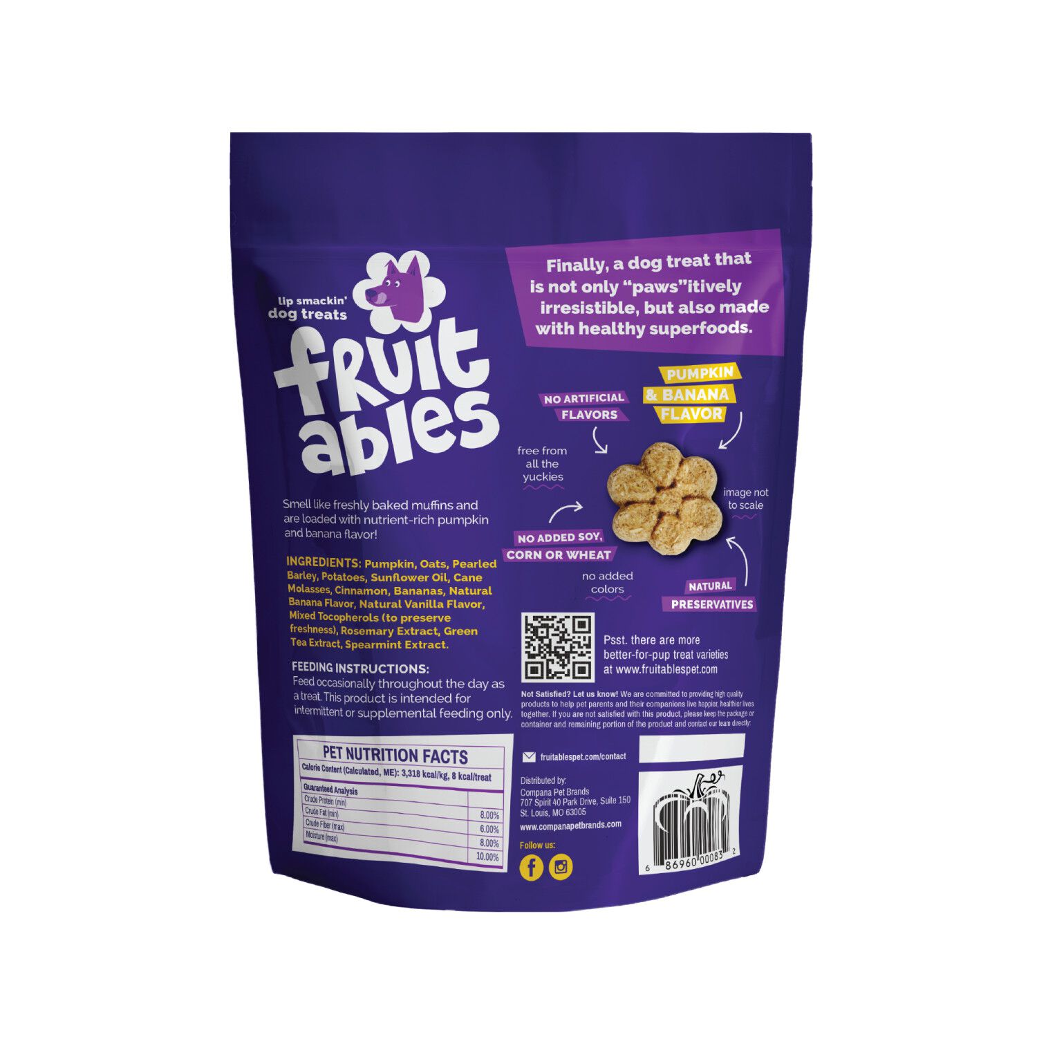 Fruitables Pumpkin & Banana Low Calorie Baked Crunchy Dog Treats, 12-Oz Bag