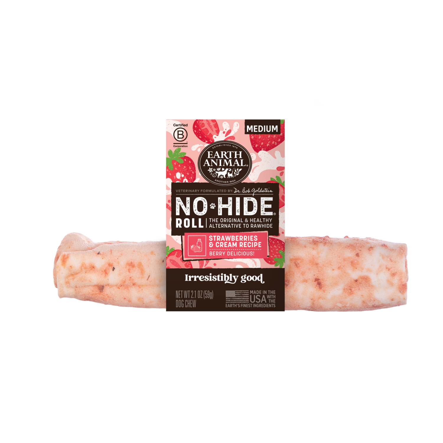Earth Animal No-Hide Rawhide Alternative Chew Dog Treats, Strawberries & Cream Flavor, Medium