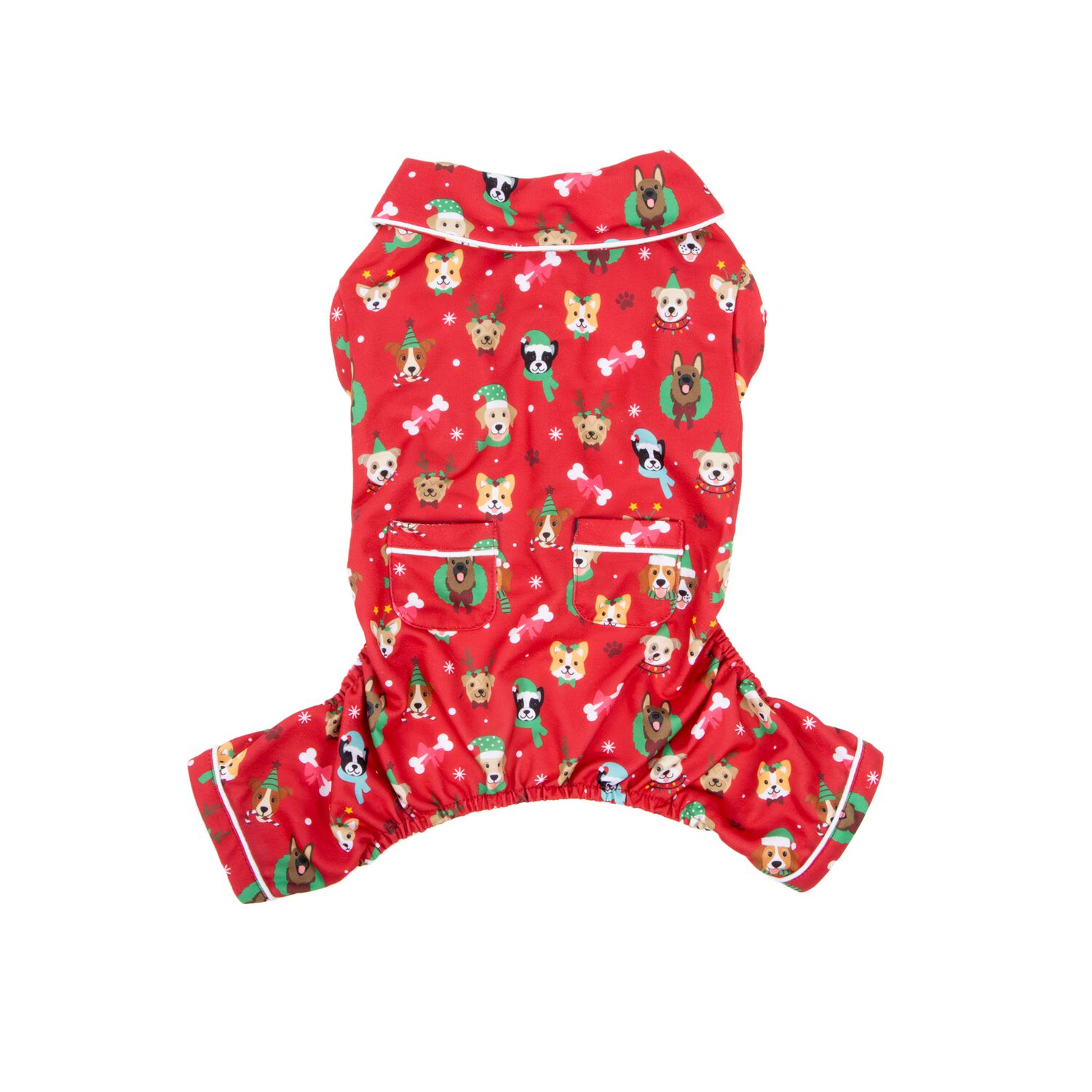 Aristopet Red Holiday Dog Face Print Collared Dog Pajamas, Extra Large