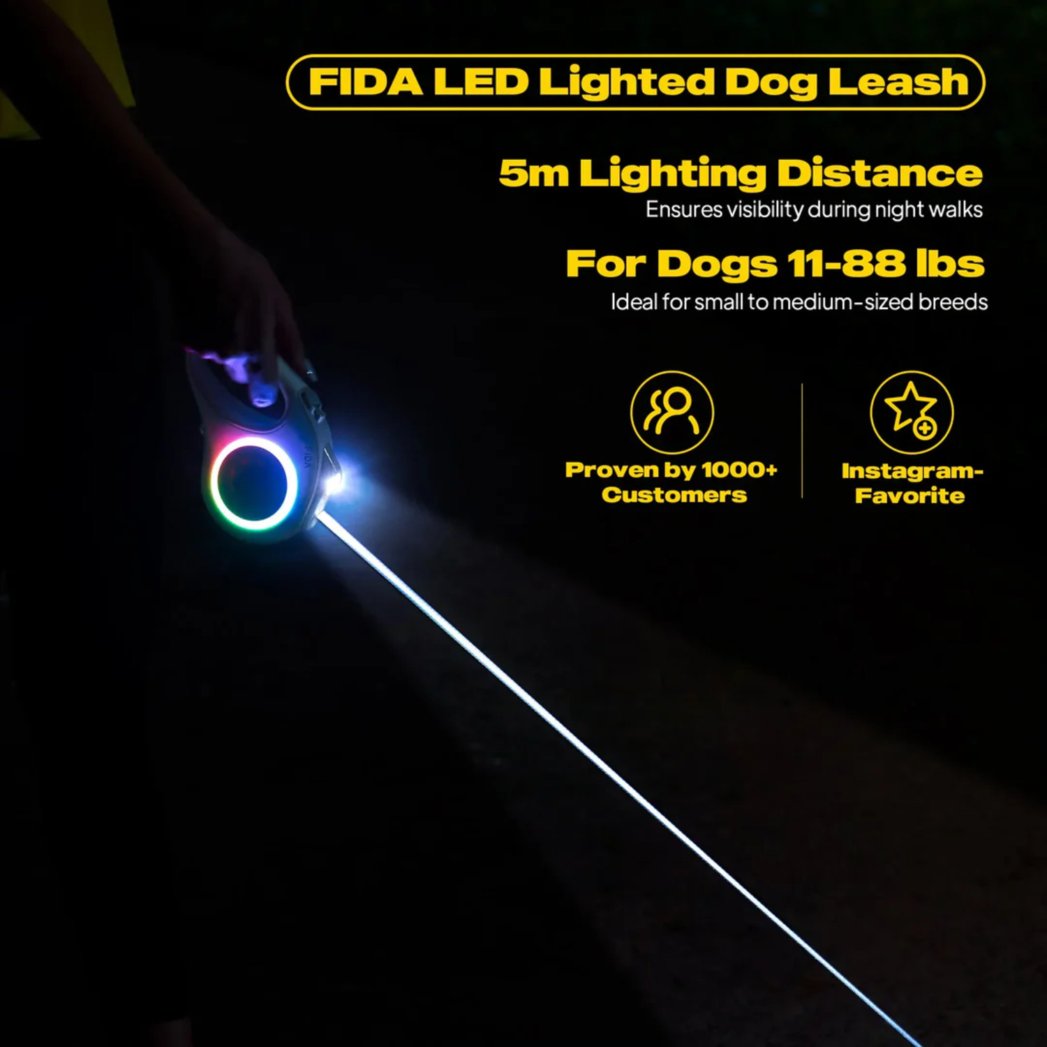 Fida Pet Led Lighted Retractable Dog Leash - 16 Ft