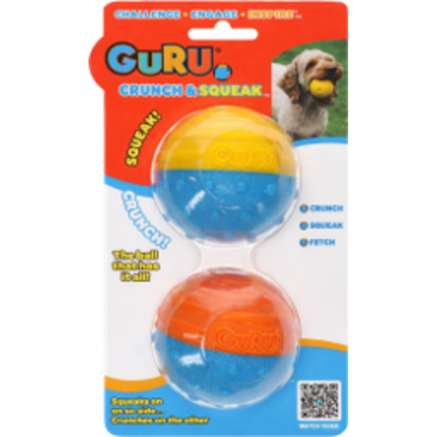 Guru Crunch & Squeak Ball Dog Toy, 2 Pack