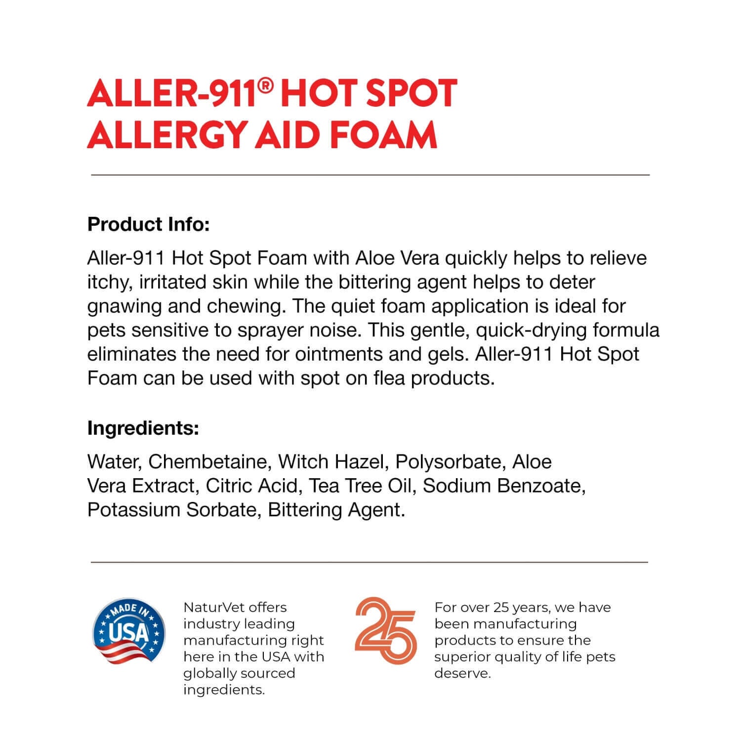 Naturvet Aller-911 Hot Spot Foam For Dogs & Cats, Allergy Aid Plus Aloe Vera