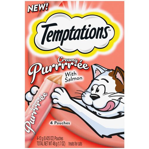 Temptations Creamy Puree With Salmon Lickable, Squeezable Cat Treats, 4 Pack Of 1.7 Oz Pouches