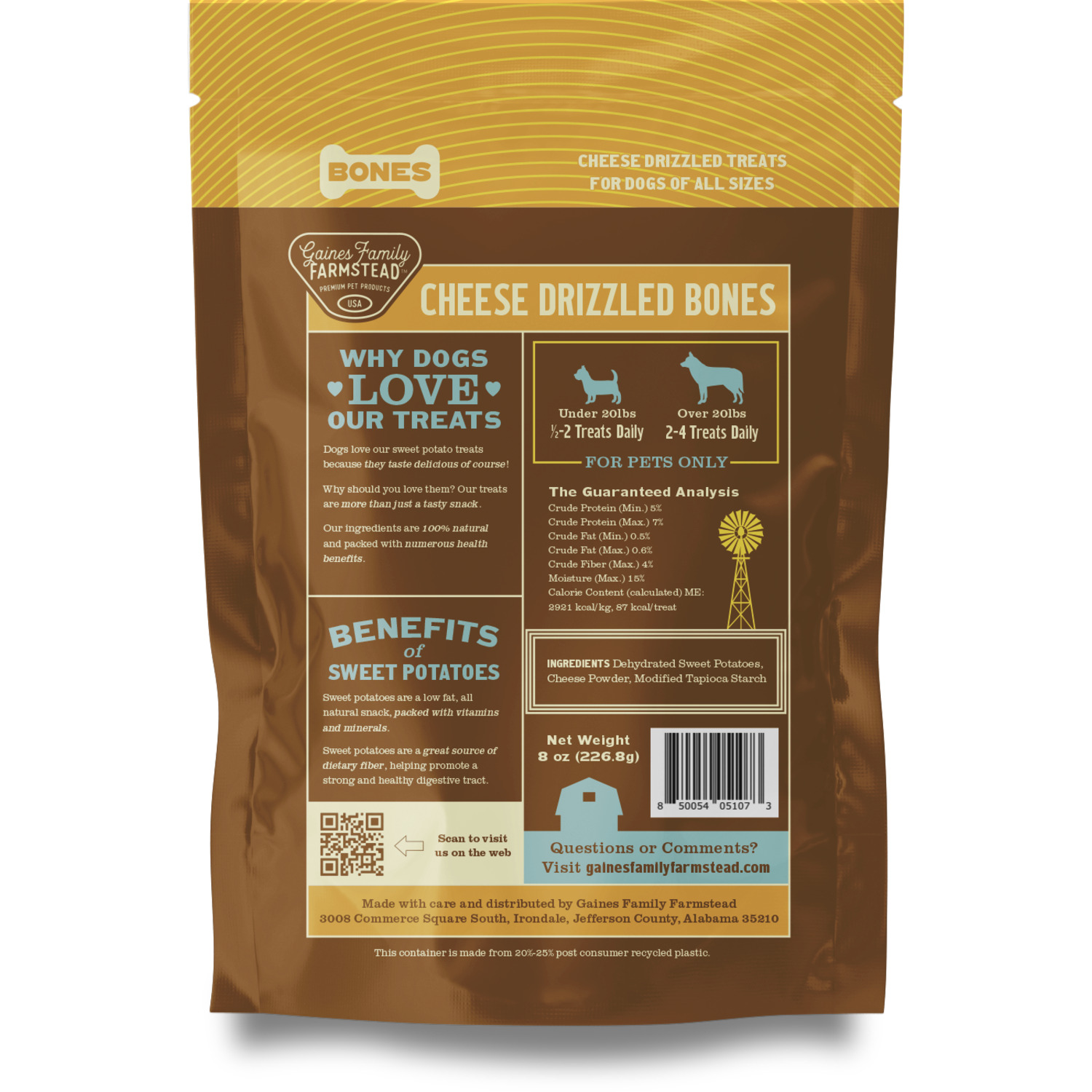 Gaines Family Farmstead Cheese Drizzled Sweet Potato Bones Dog Treats, 8Oz