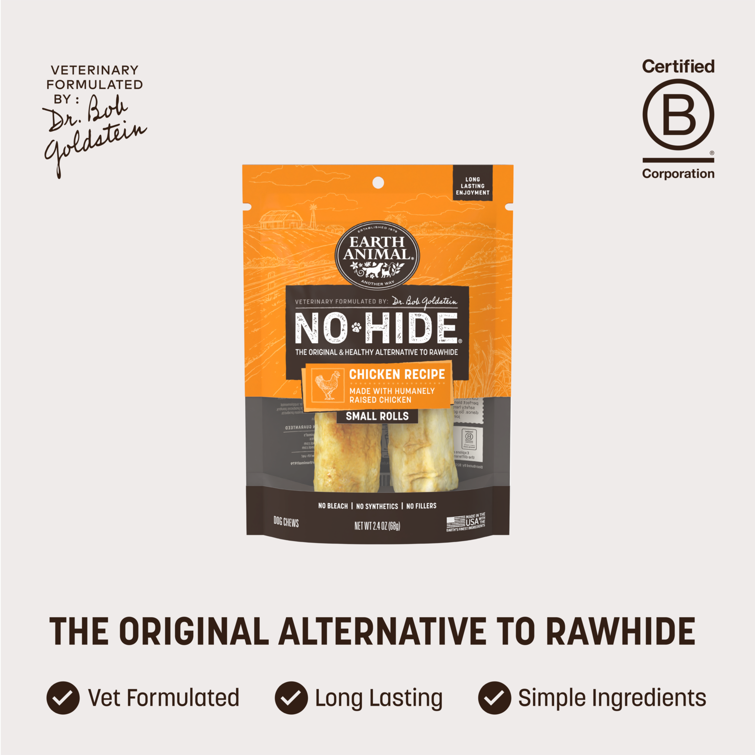 Earth Animal No-Hide Rawhide Alternative Dog Treat Chews, Cage-Free Chicken, 2 Pack, 4"