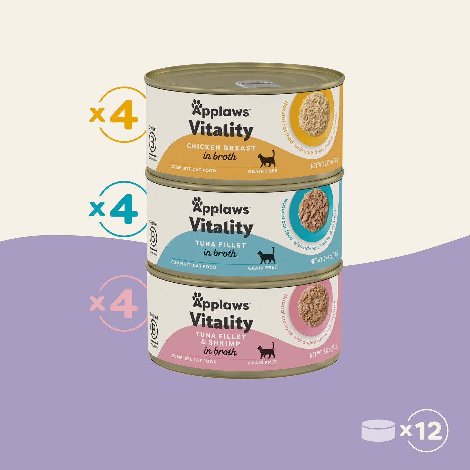 Applaws Vitality Natural Wet Cat Food With Added Vitamins & Minerals Variety Selection In Broth, 2.47-Oz Pack Of 12