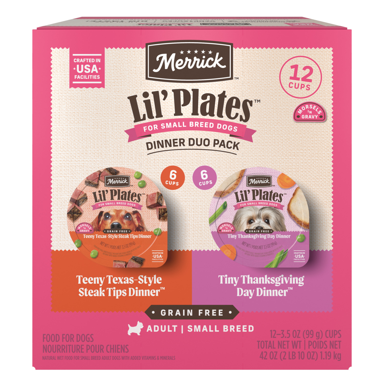 Merrick Lil&rsquo; Plates Grain Free Dinner Duos Soft Natural Wet Small Dog Food Variety Pack, Beef And Turkey 12-3.5-Oz Cups