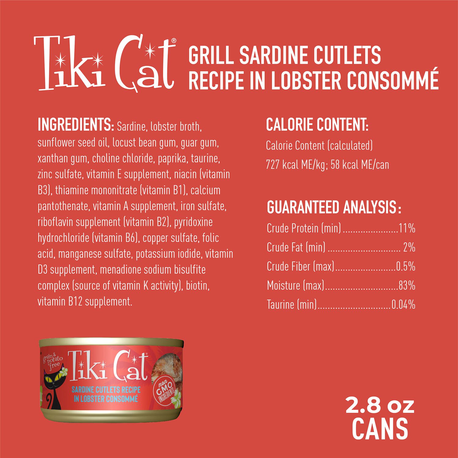 Tiki Cat Grill Wet Cat Food, Sardine Cutlets In Lobster Consomme, 2.8-Oz Can