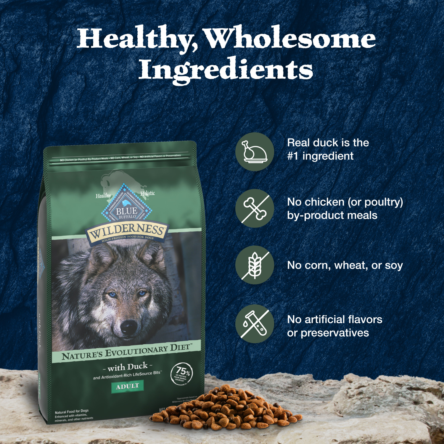 Blue Buffalo Wilderness High Protein Natural Adult Dry Dog Food With Wholesome Grains, Duck, 24Lb