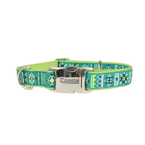 Ribbon Adjustable Dog Collar With Metal Buckle - Lime Southwest Stars