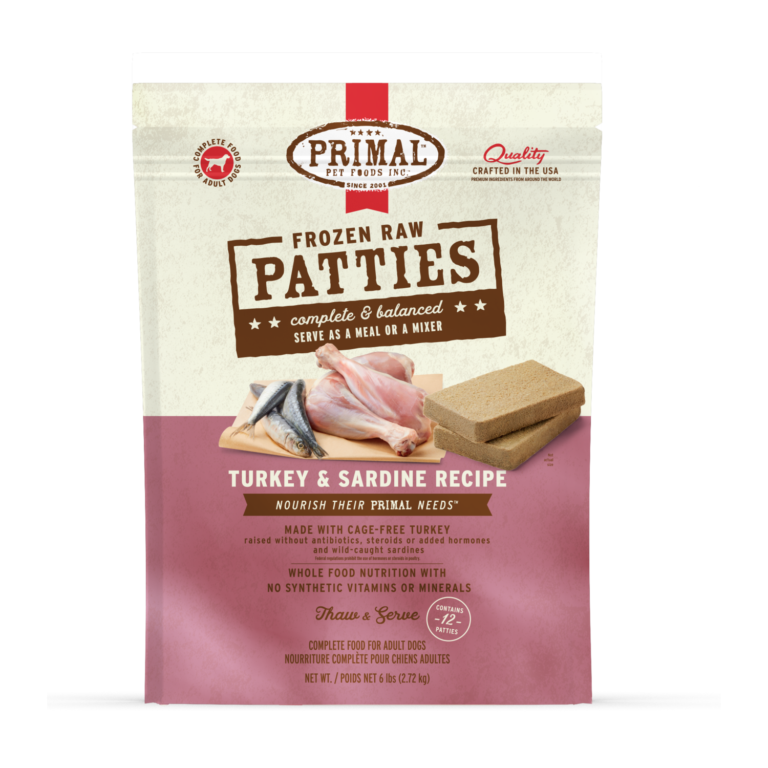 Primal Frozen Raw Turkey & Sardine Formula Dog Food Patties, 6-Lb Bag