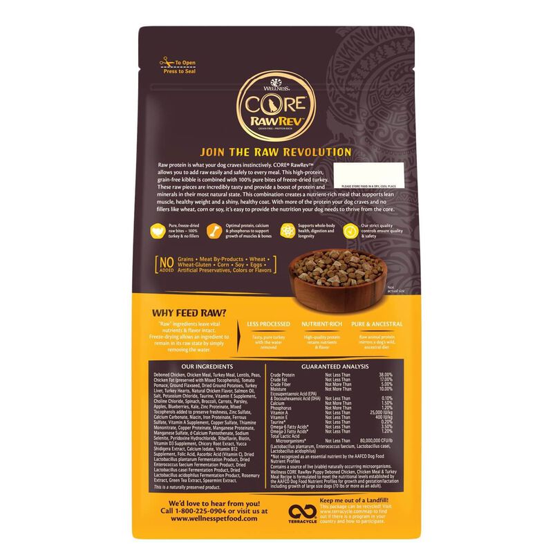Wellness Core Raw Rev Grain Free Natural Dry Puppy Food, Puppy Deboned Chicken & Turkey With Freeze Dried Turkey Recipe image number 2