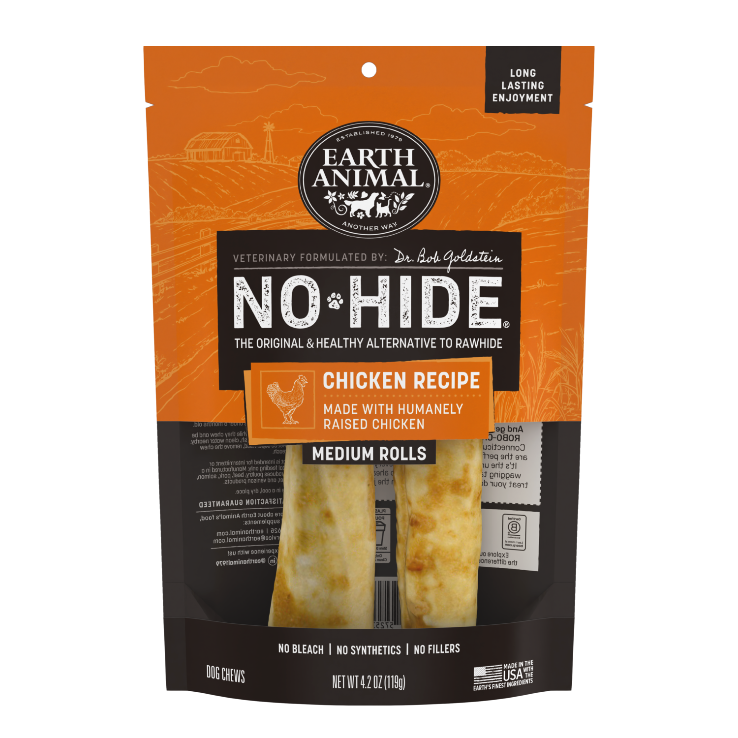 Earth Animal No-Hide Rawhide Alternative Dog Treat Chews, Cage-Free Chicken, 2 Pack, 7"