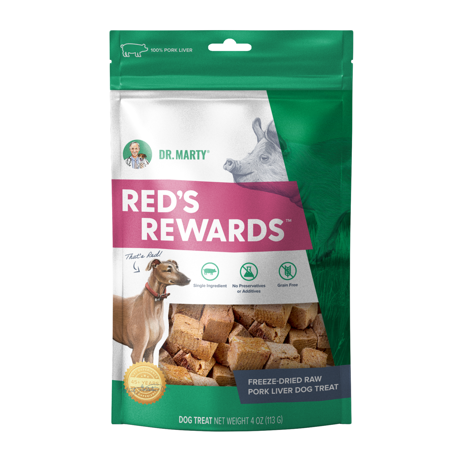 Dr. Marty Red's Rewards Freeze Dried Raw Pork Liver Dog Treats, 4-Oz Bag