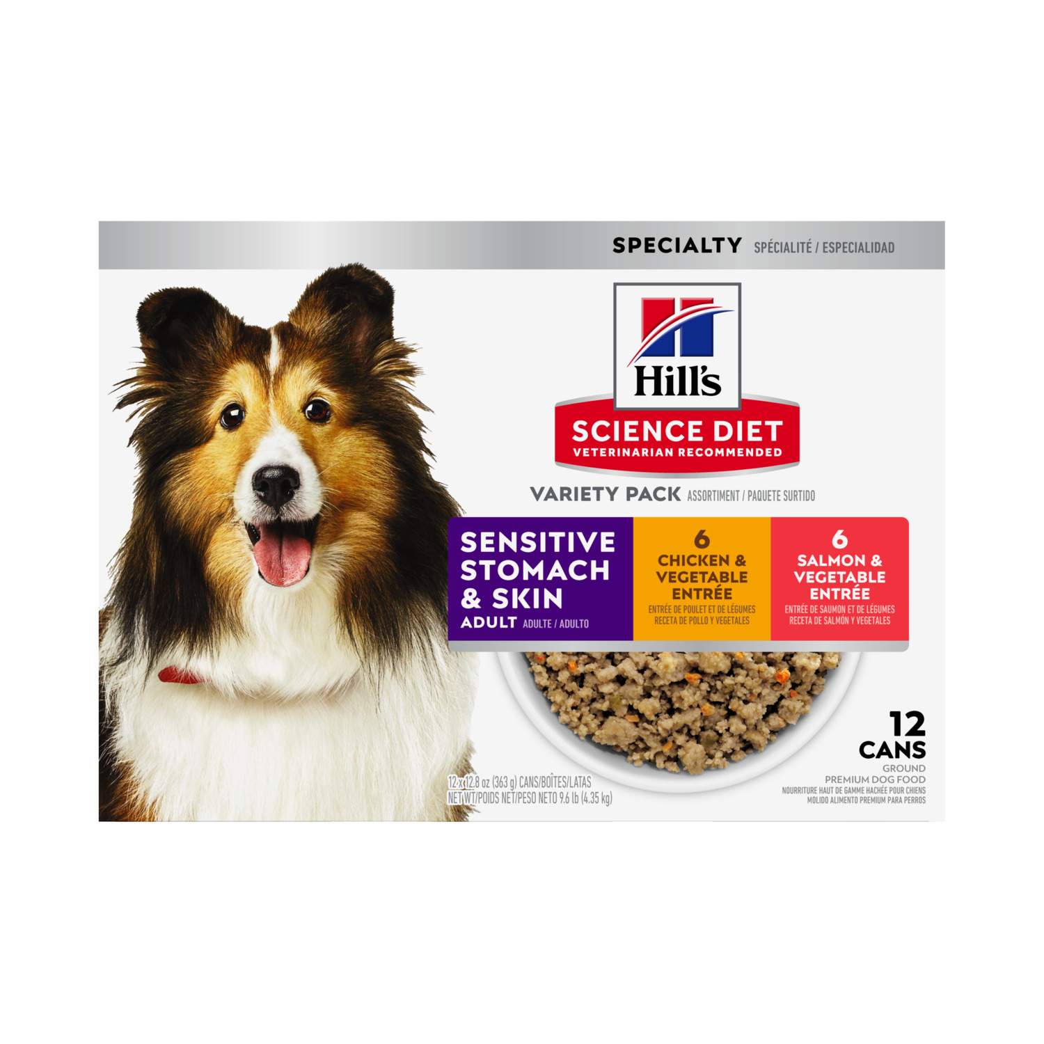 Hill's Science Diet Adult Sensitive Stomach & Skin Canned Wet Dog Food Variety Pack, Chicken & Salmon, 12.8-Oz 12-Pack