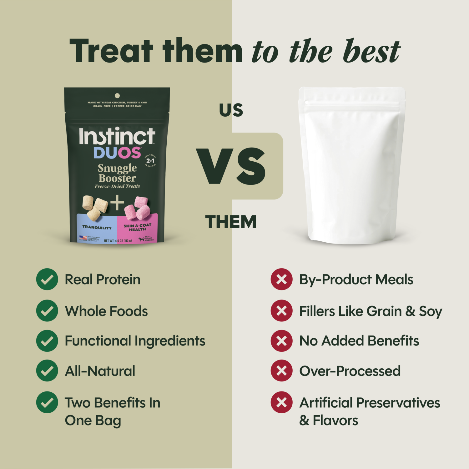 Instinct Duos Snuggle Booster 2:1 Tranquility + Skin & Coat Health  Freeze-Dried Dog Treats, 4-Oz