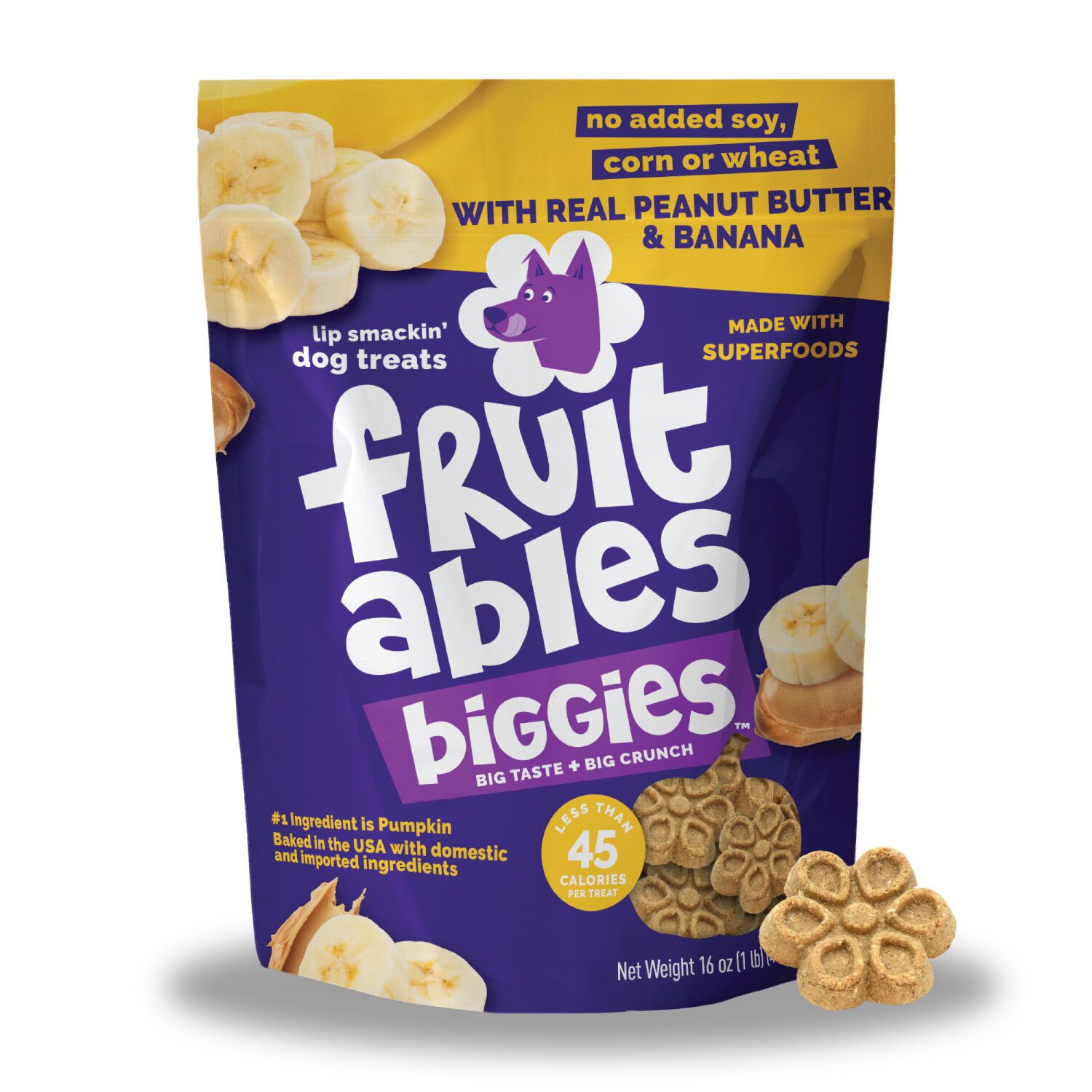 Fruitables Biggies Crunchy Biscuit Dog Treats, Peanut Butter & Banana, 16-Oz