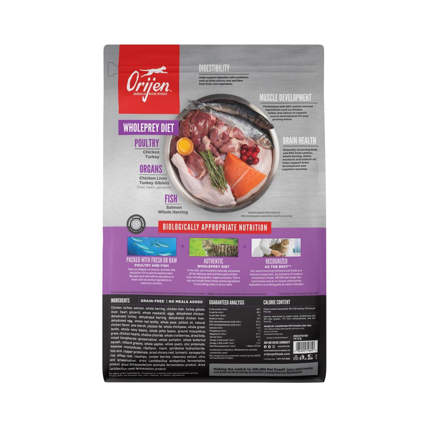 Orijen Grain Free, Premium, High Protein, Fresh & Raw Animal Ingredients Dry Cat Food For Kitten, 4Lb