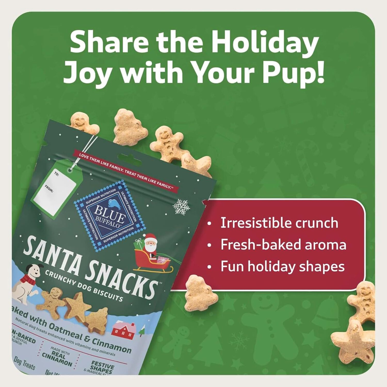 Blue Buffalo Santa Snacks Natural Crunchy Biscuit Dog Treats, Oatmeal & Cinnamon, 11-Oz Bag