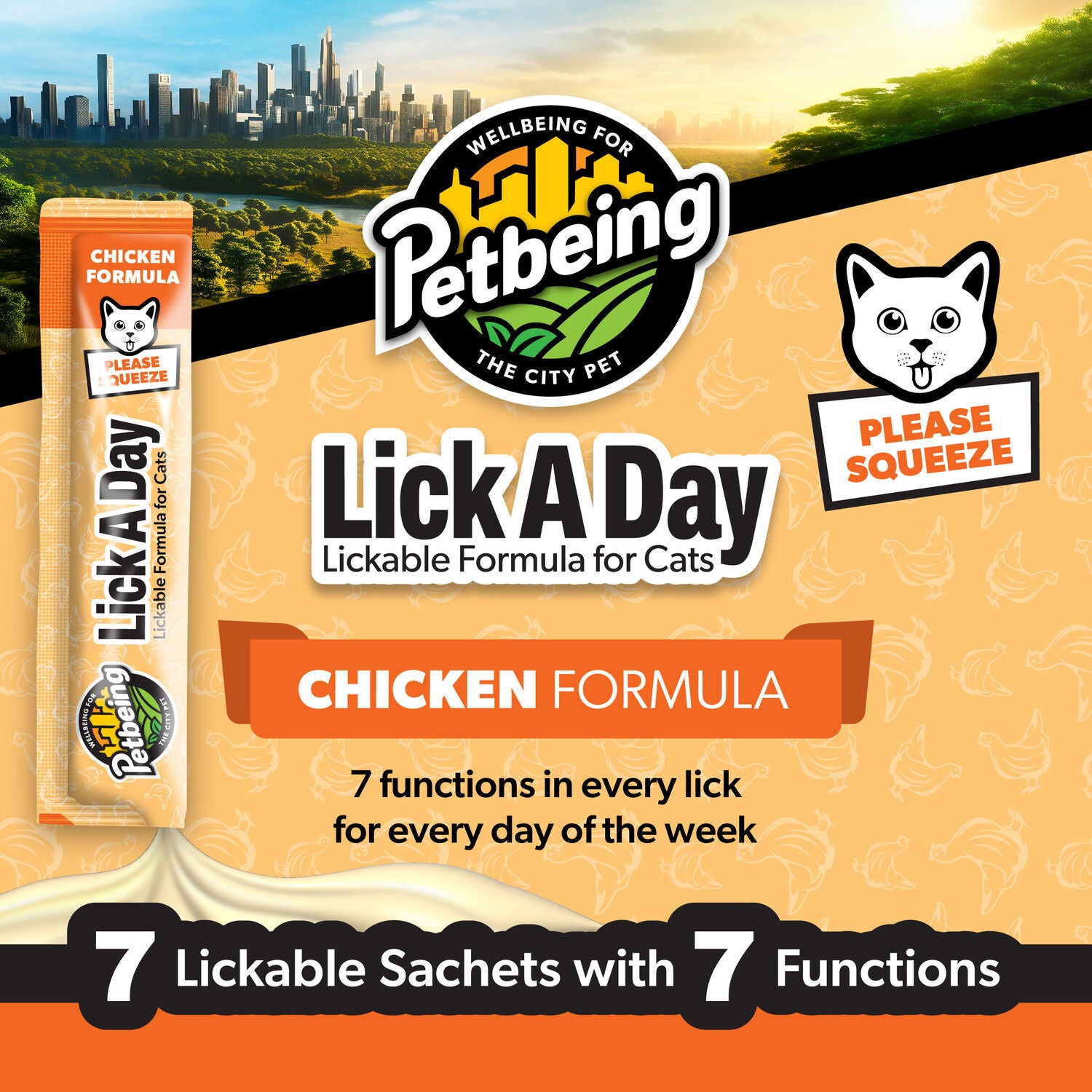 Petbeing Lick A Day 7-In-1 Functions Lickable Chicken Puree Supplement For Cats, 7 Count