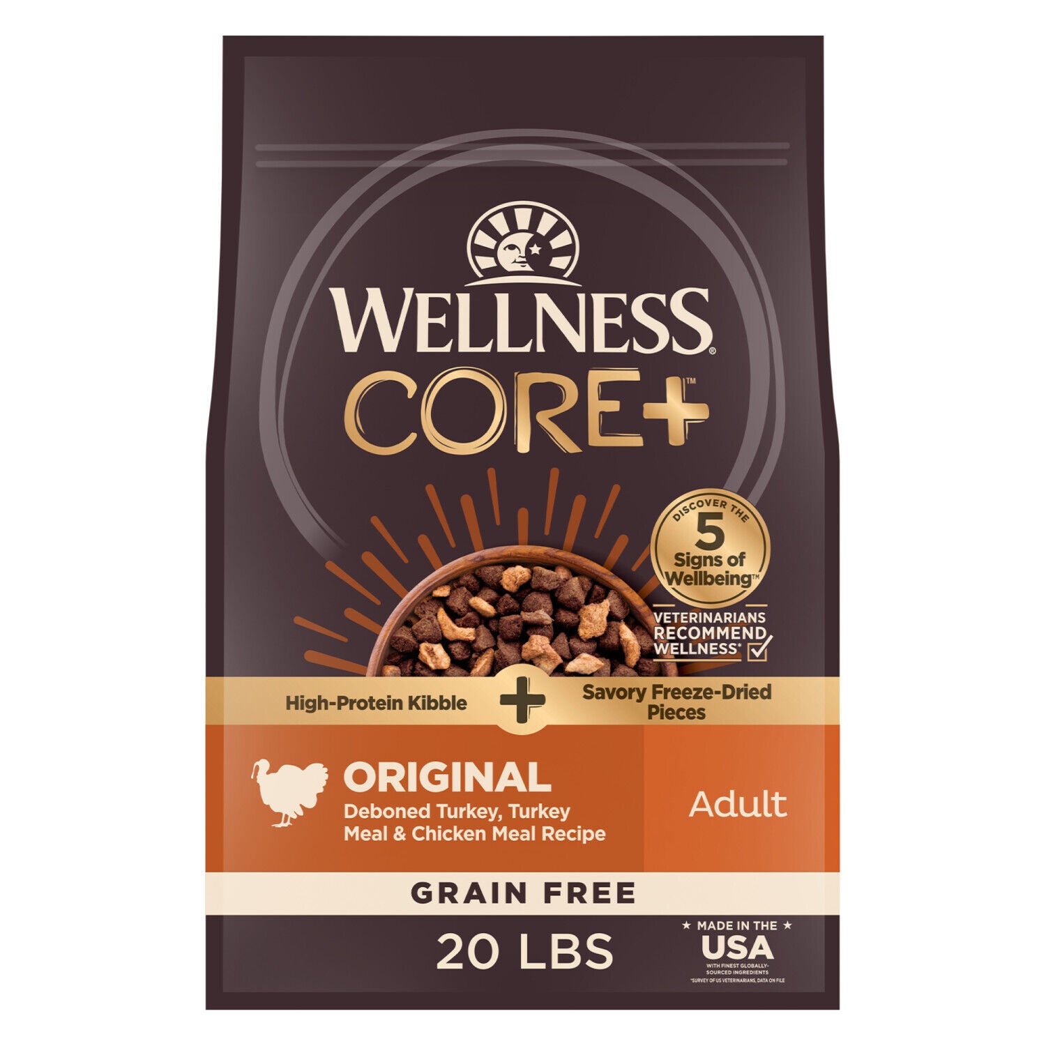 Wellness Core+ Dry Dog Food With Freeze Dried Pieces, Grain Free, High Protein, Natural, Original Turkey & Chicken Recipe