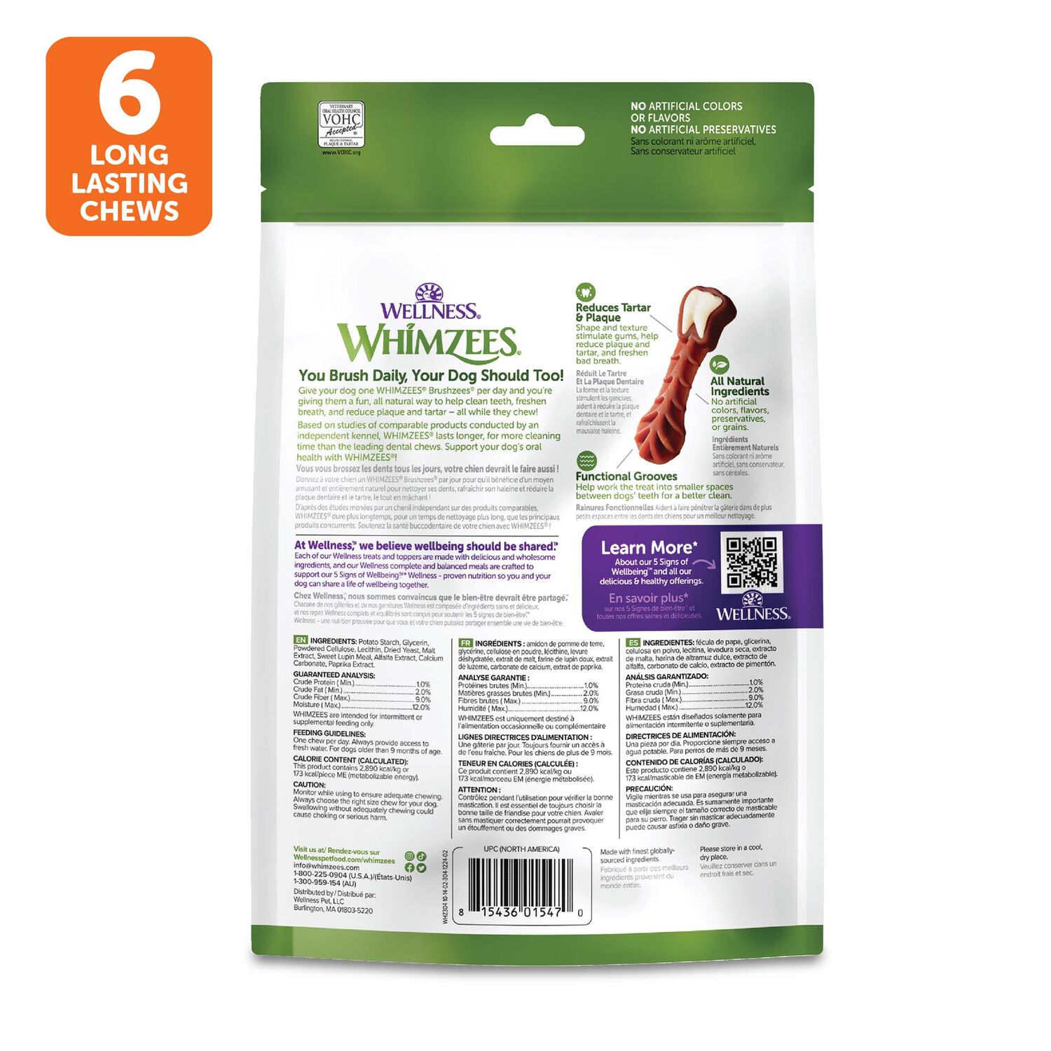 Whimzees Brushzees Natural Grain-Free Dental Dog Treats, Large, 6 Count